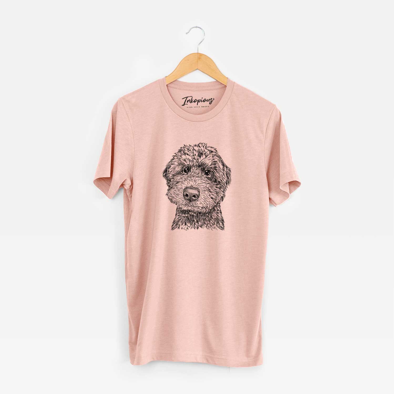 Hand-drawn sketch of Bowser the Whoodle on a Peach Unisex crewneck