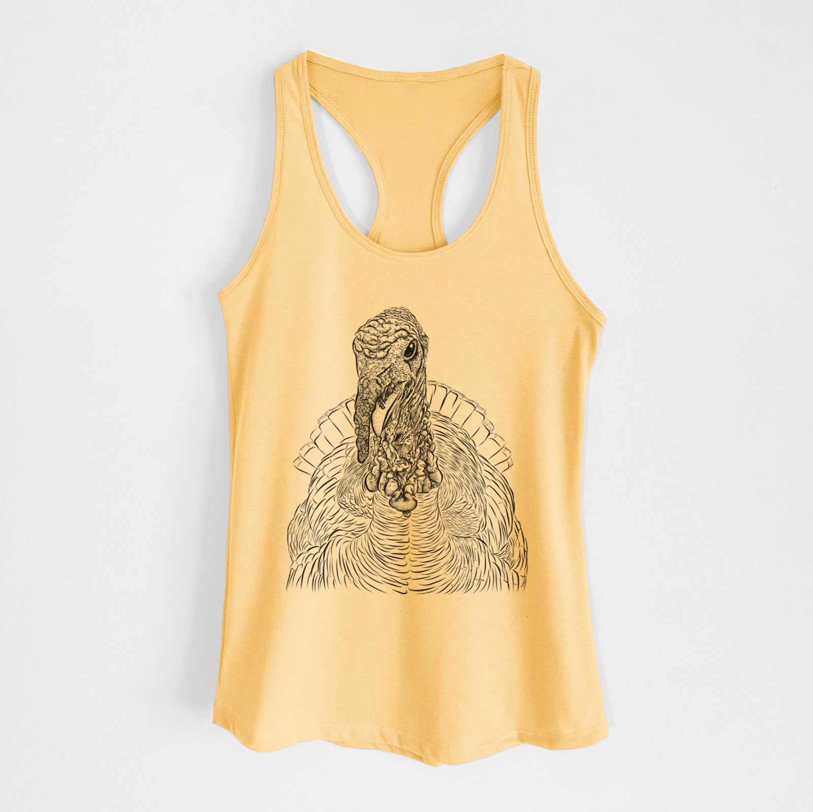 Hand-drawn sketch of Brady the Turkey on a Banana Cream Women's racerback tanktop
