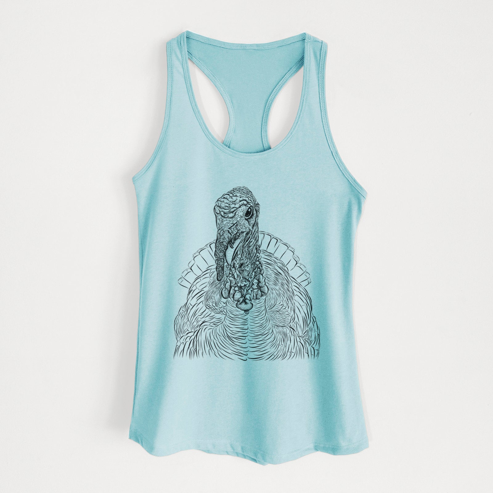 Hand-drawn sketch of Brady the Turkey on a Cancun Blue Women's racerback tanktop