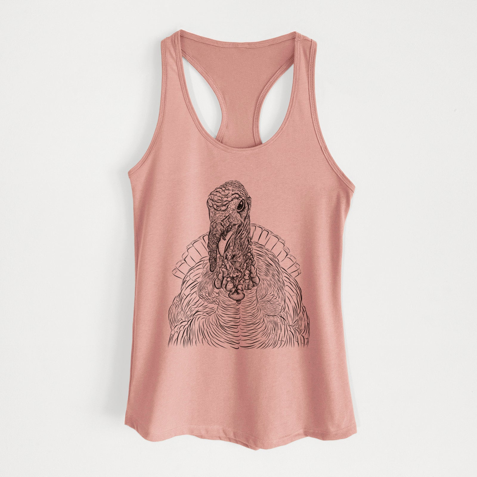 Hand-drawn sketch of Brady the Turkey on a Desert Pink Women's racerback tanktop