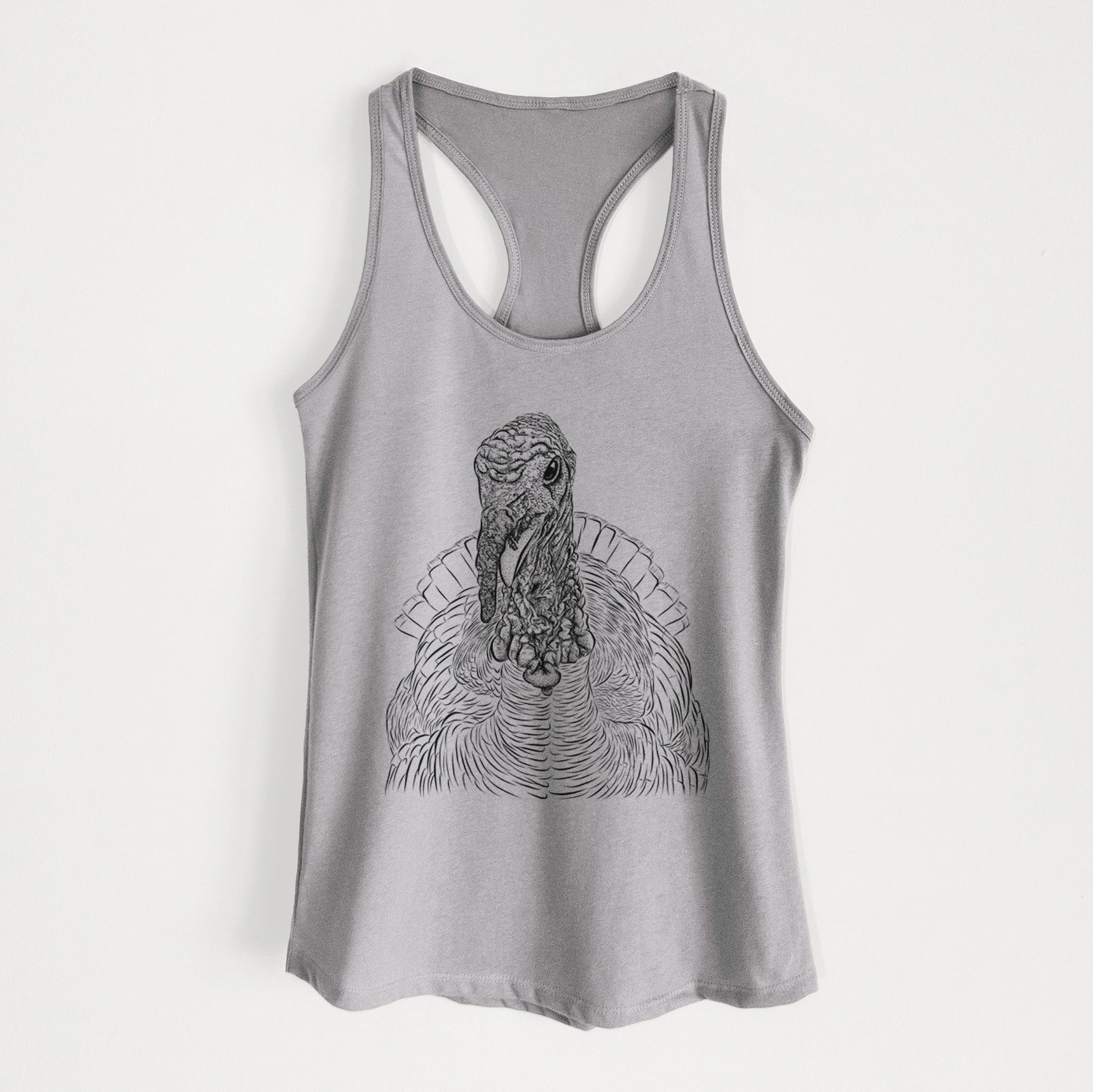 Hand-drawn sketch of Brady the Turkey on a Heather Grey Women's racerback tanktop
