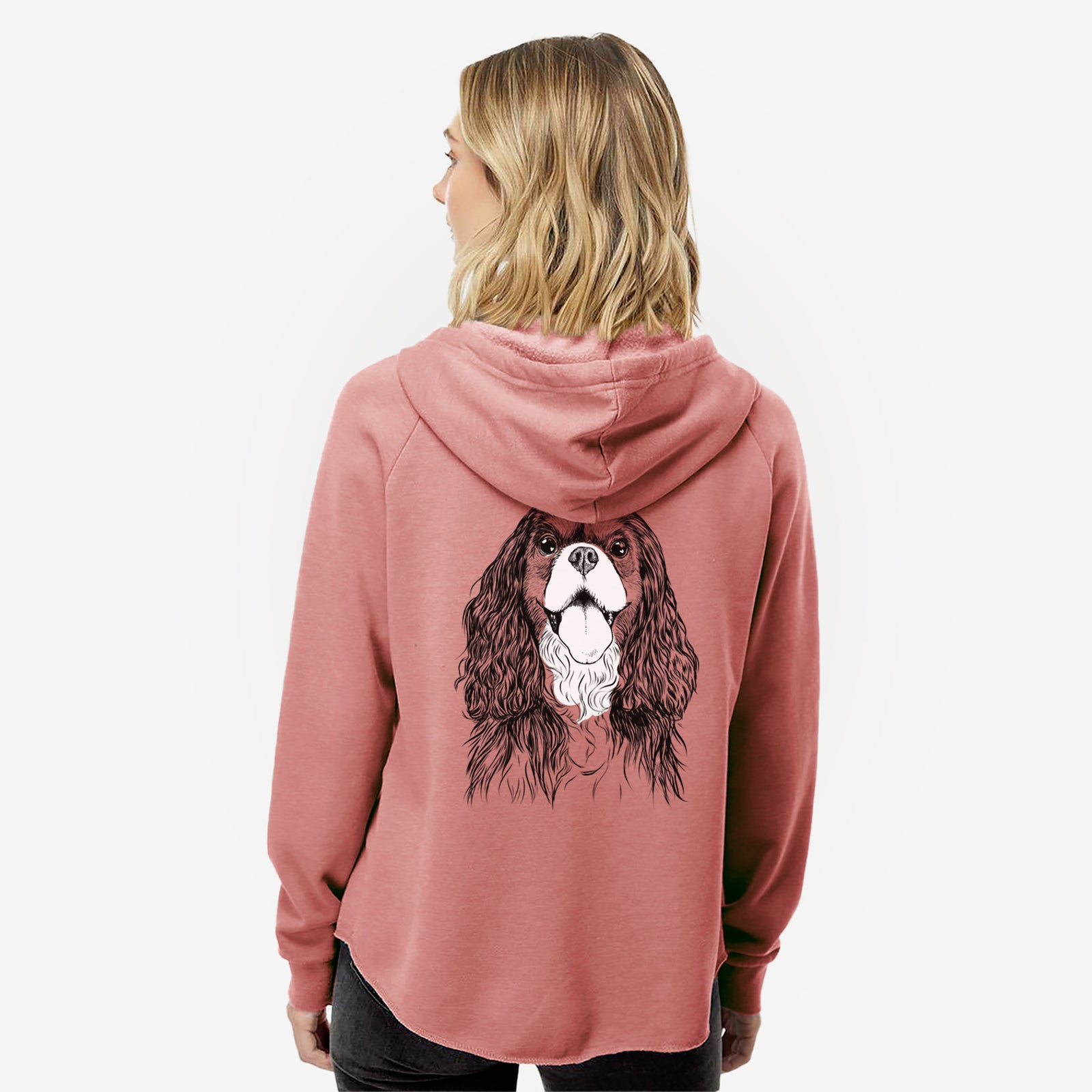 Hand-drawn sketch of Brandy the Cavalier King Charles Spaniel on a Dusty Rose Women's cali wave zip-up sweatshirt