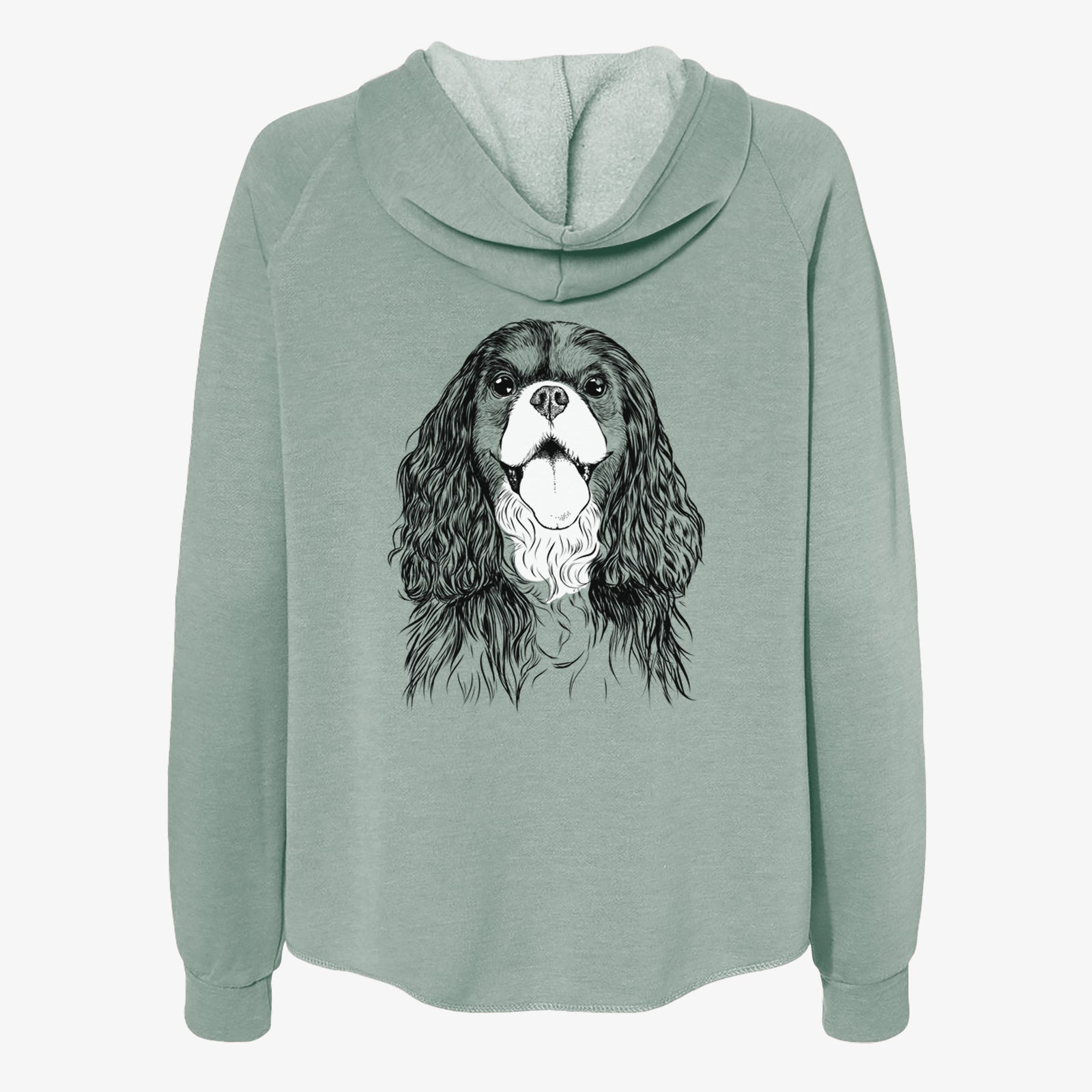 Hand-drawn sketch of Brandy the Cavalier King Charles Spaniel on a Sage Women's cali wave zip-up sweatshirt