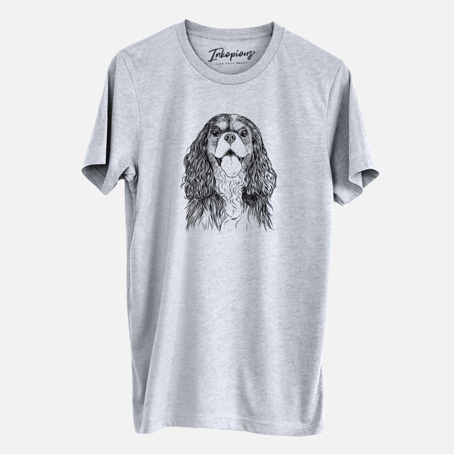 Hand-drawn sketch of Brandy the Cavalier King Charles Spaniel on a Grey Unisex crewneck