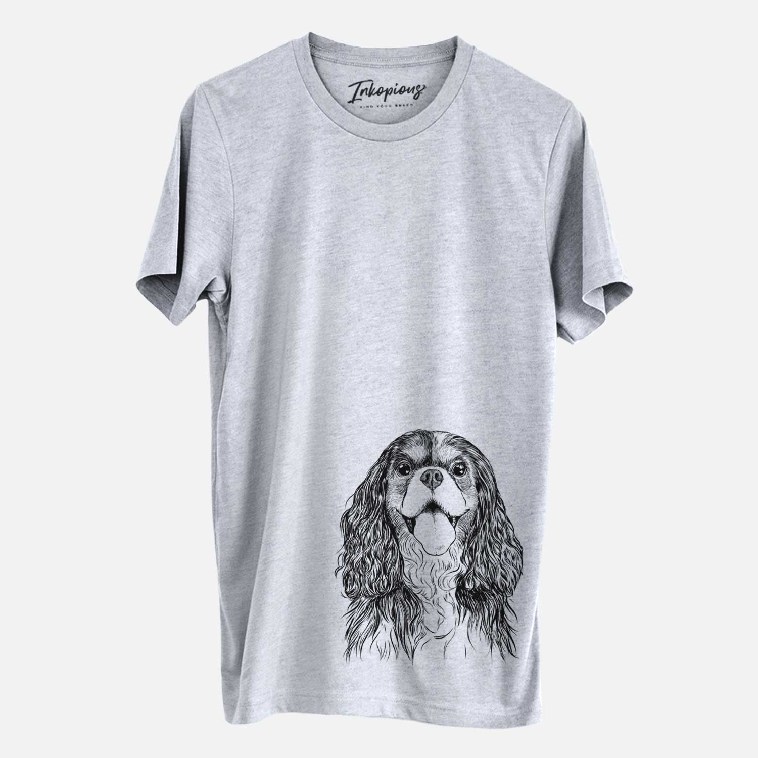Hand-drawn sketch of Brandy the Cavalier King Charles Spaniel on a Grey Unisex crewneck