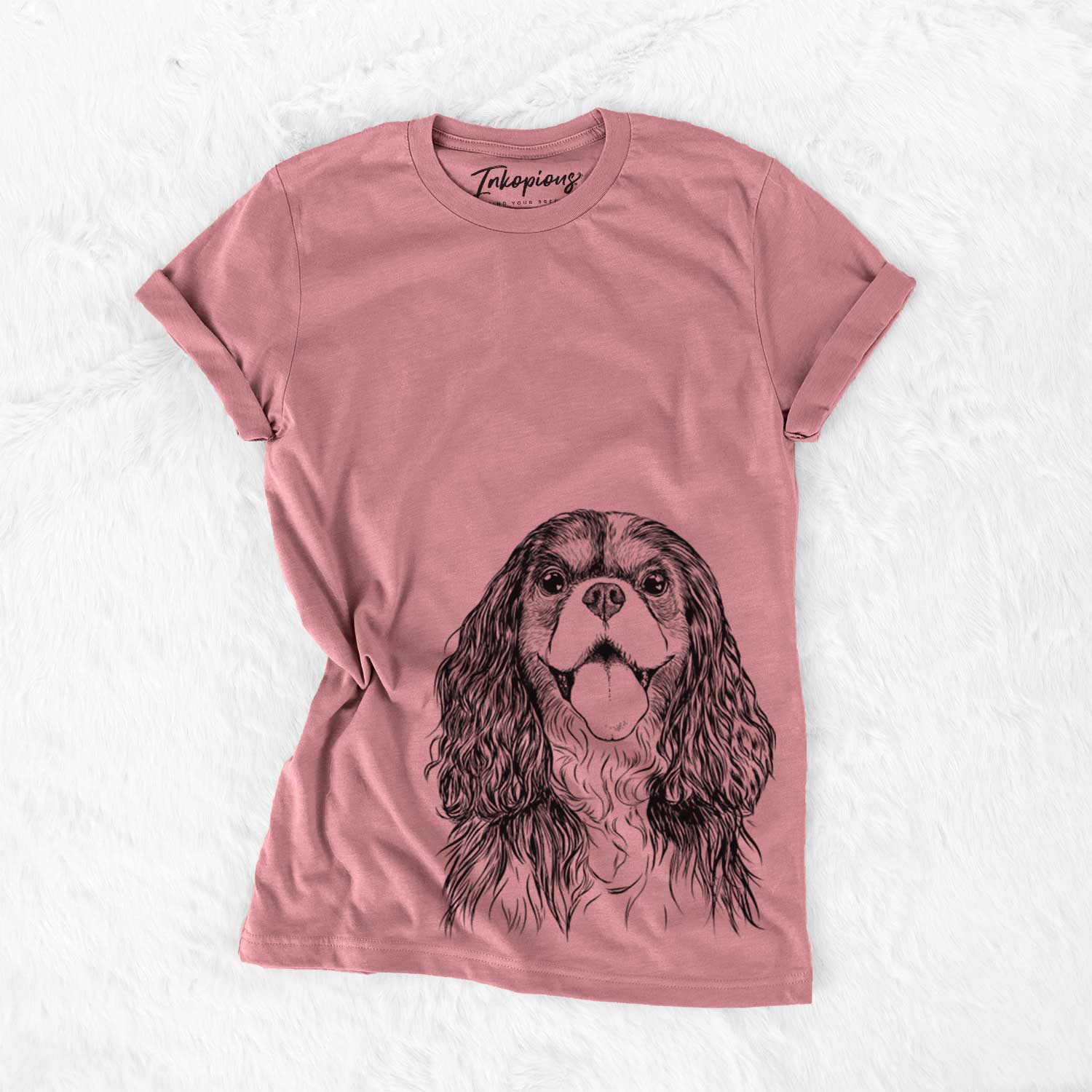 Hand-drawn sketch of Brandy the Cavalier King Charles Spaniel on a Mauve Unisex crewneck