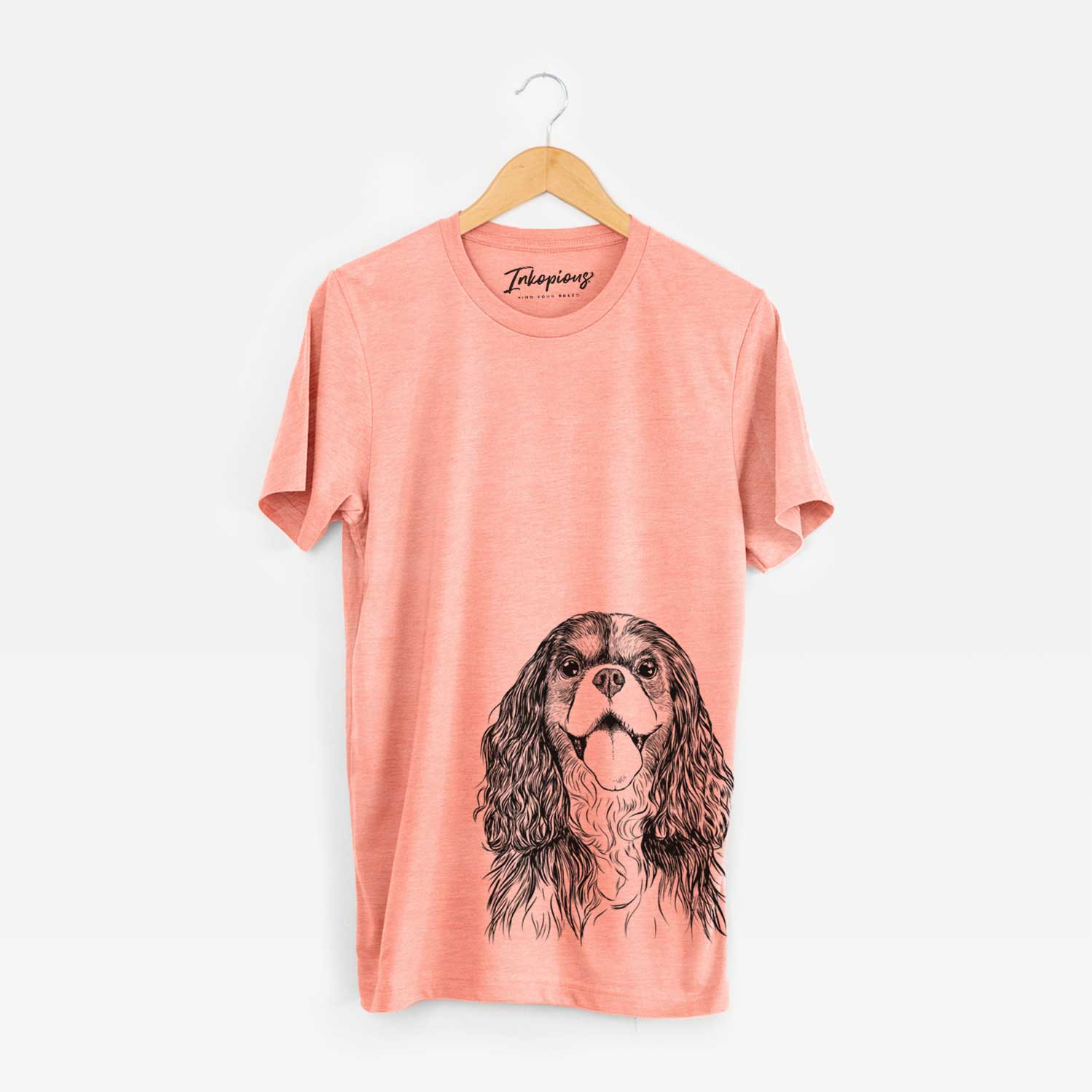 Hand-drawn sketch of Brandy the Cavalier King Charles Spaniel on a Sunset Unisex crewneck