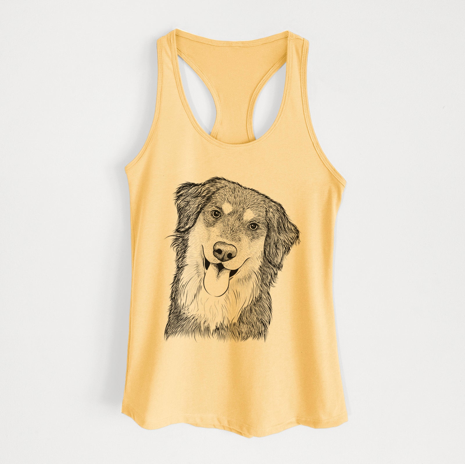 Hand-drawn sketch of Brodie the Golden Aussie on a Banana Cream Women's racerback tanktop