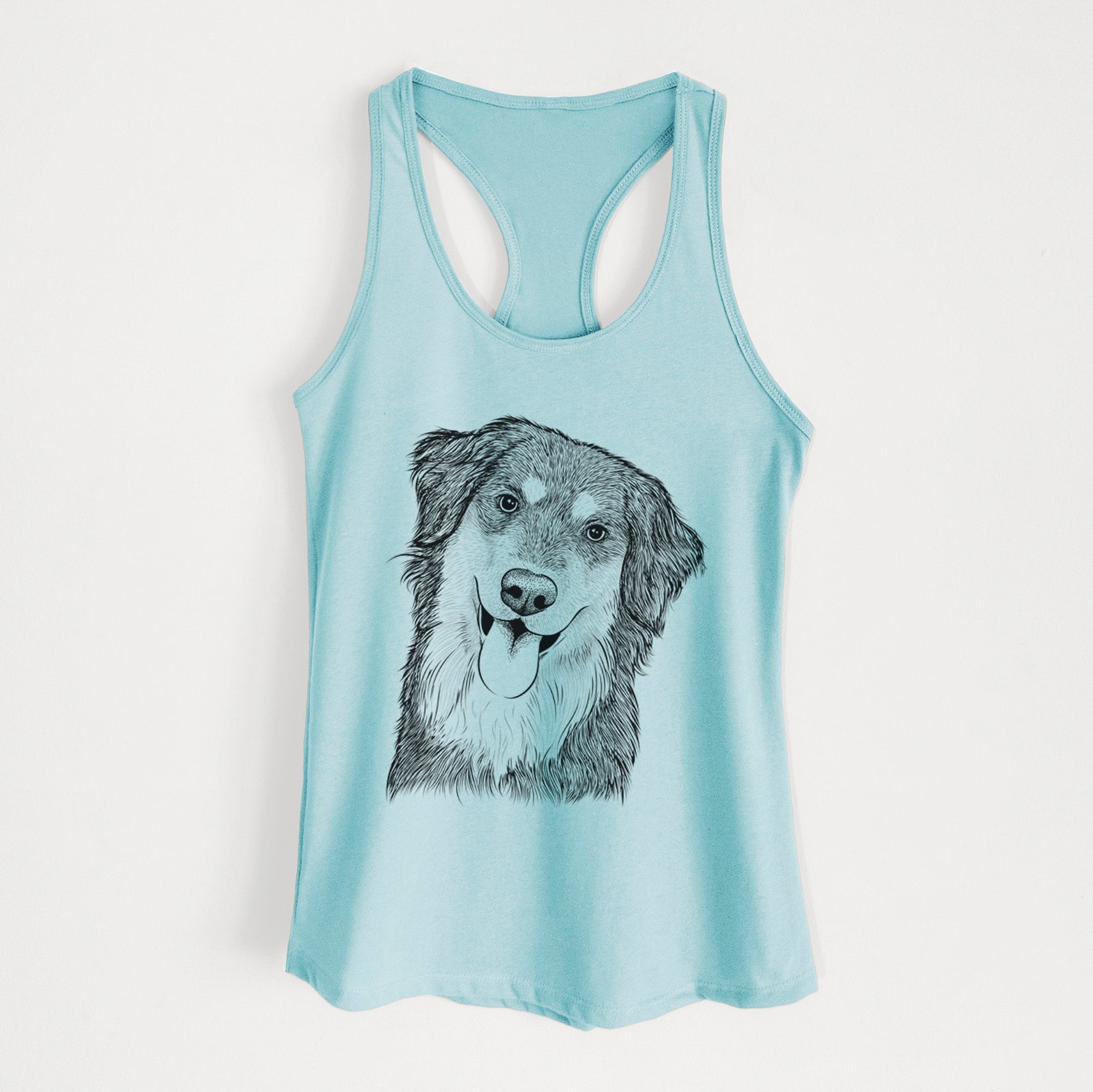 Hand-drawn sketch of Brodie the Golden Aussie on a Cancun Blue Women's racerback tanktop
