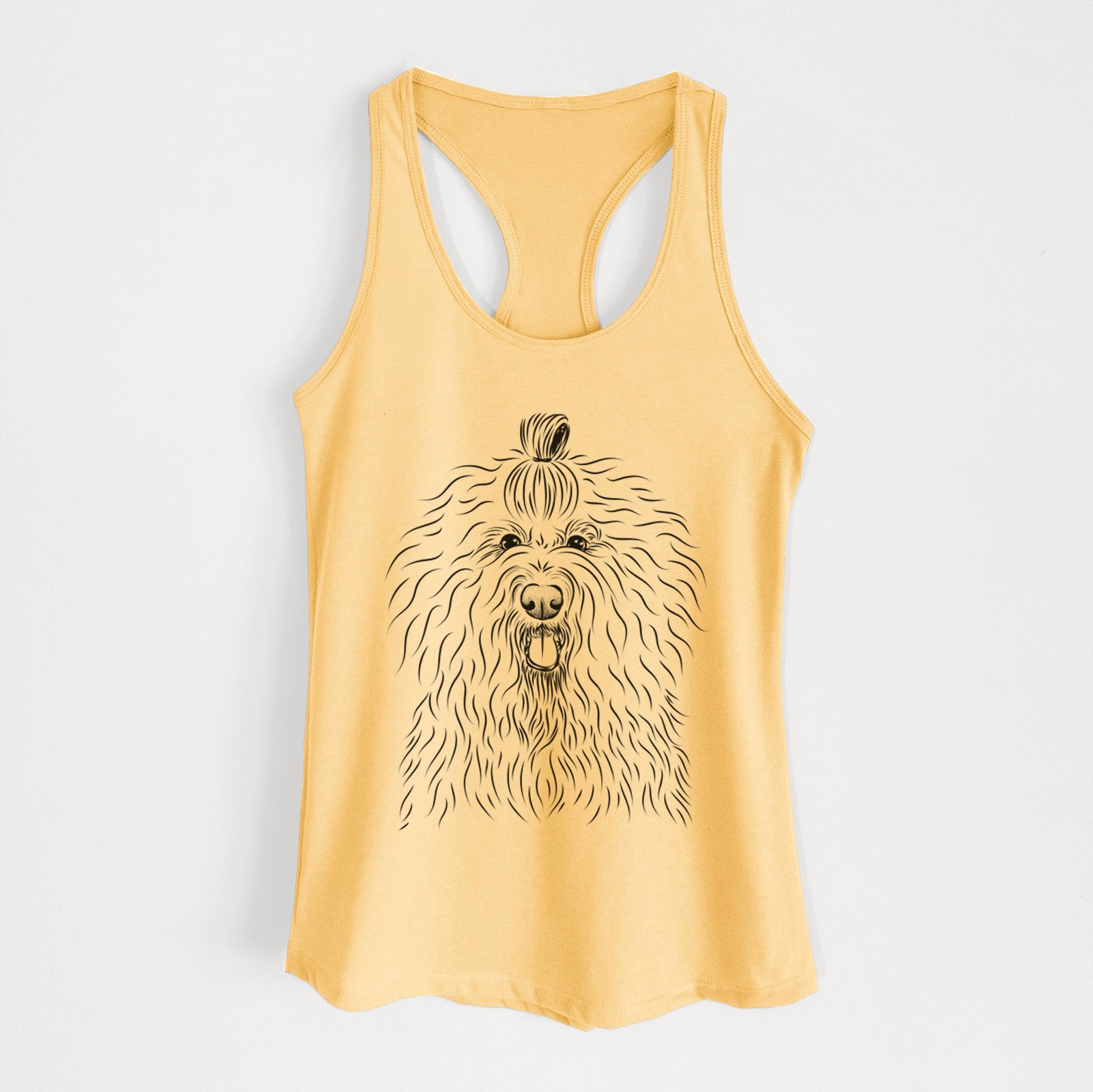 Hand-drawn sketch of Brody the Old English Sheepdog on a Banana Cream Women's racerback tanktop