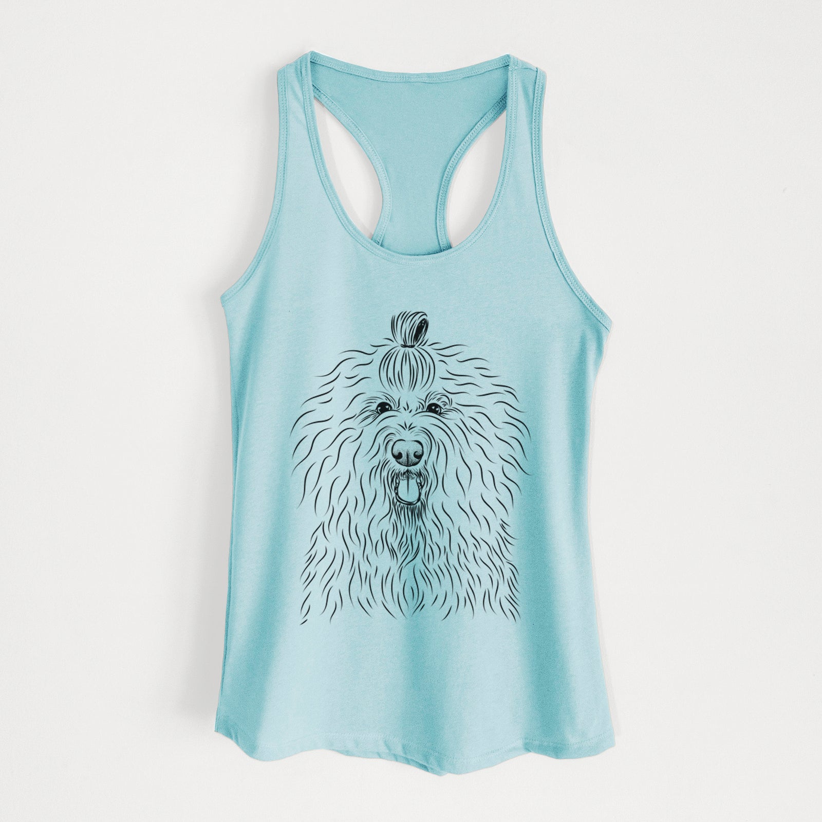 Hand-drawn sketch of Brody the Old English Sheepdog on a Cancun Blue Women's racerback tanktop