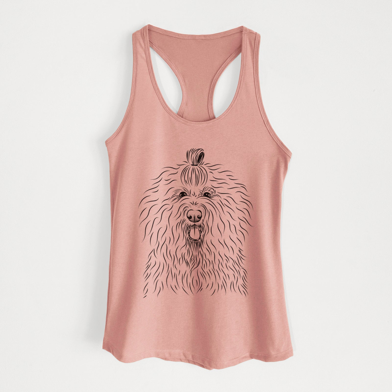 Hand-drawn sketch of Brody the Old English Sheepdog on a Desert Pink Women's racerback tanktop