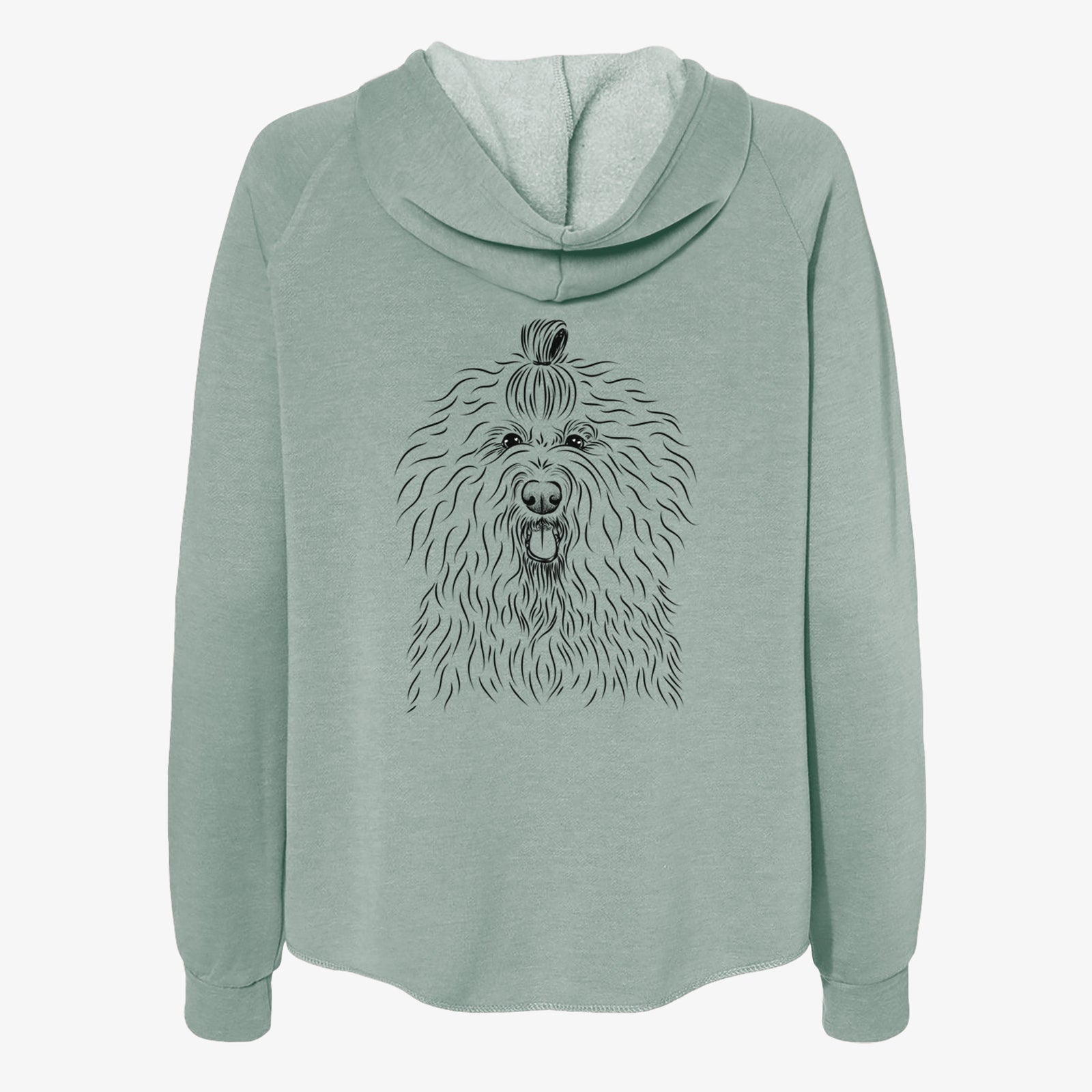 Hand-drawn sketch of Brody the Old English Sheepdog on a Sage Women's cali wave zip-up sweatshirt