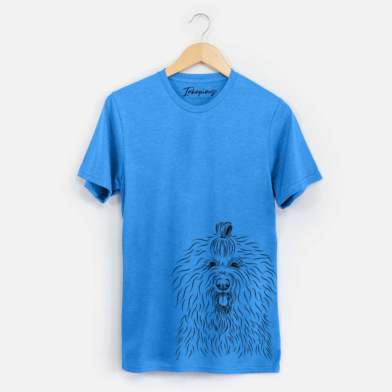 Hand-drawn sketch of Brody the Old English Sheepdog on a Blue Unisex crewneck