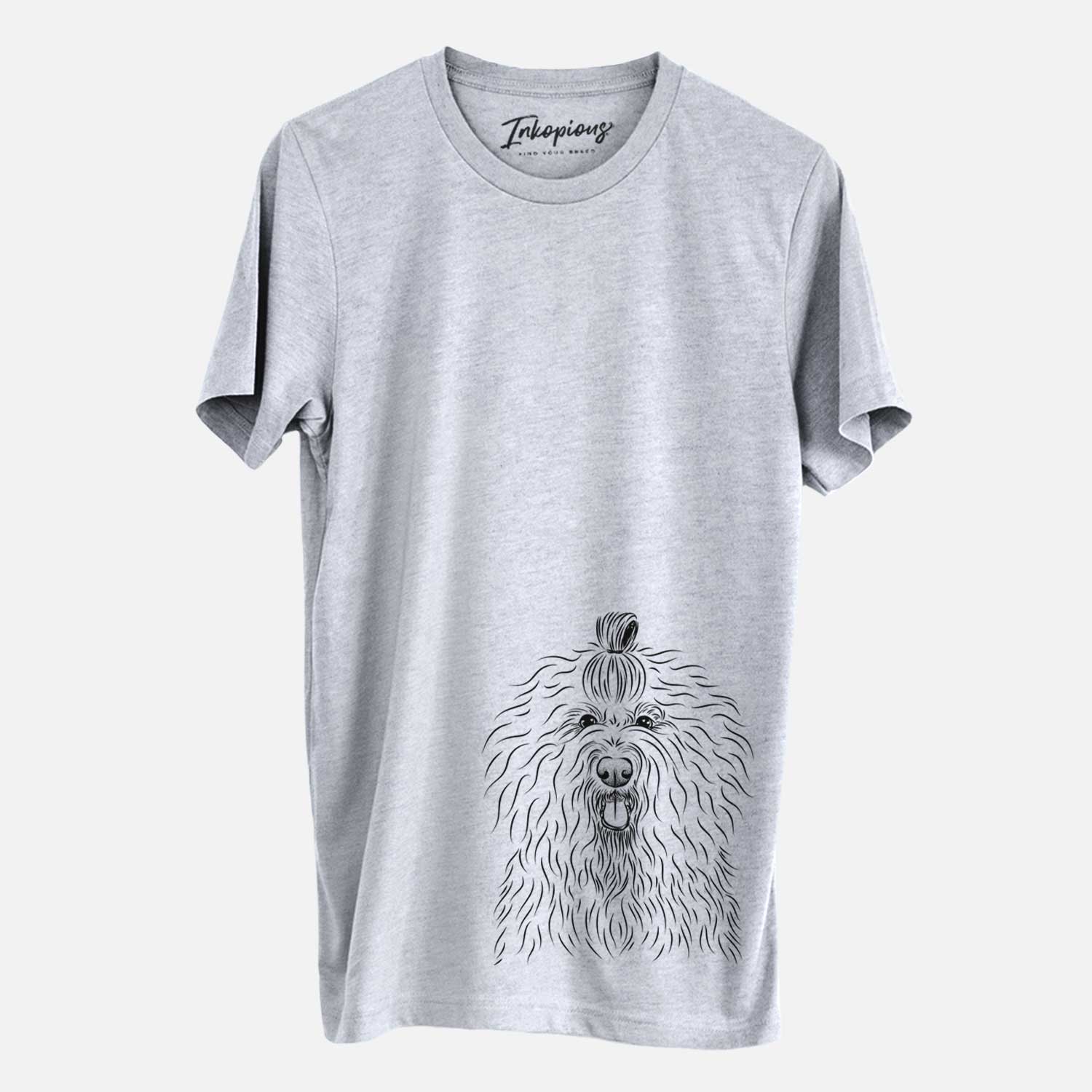 Hand-drawn sketch of Brody the Old English Sheepdog on a Grey Unisex crewneck