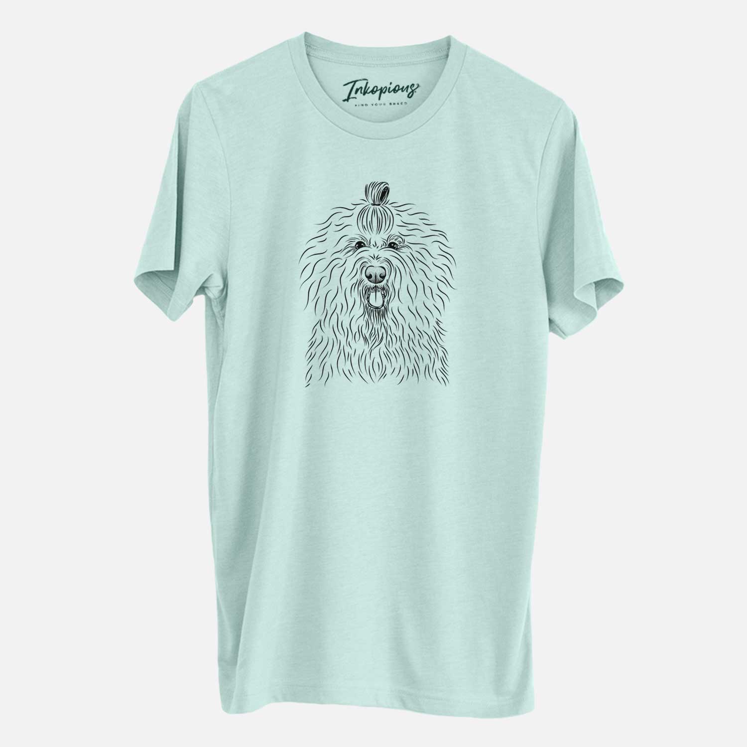 Hand-drawn sketch of Brody the Old English Sheepdog on a Heather Sage Unisex crewneck