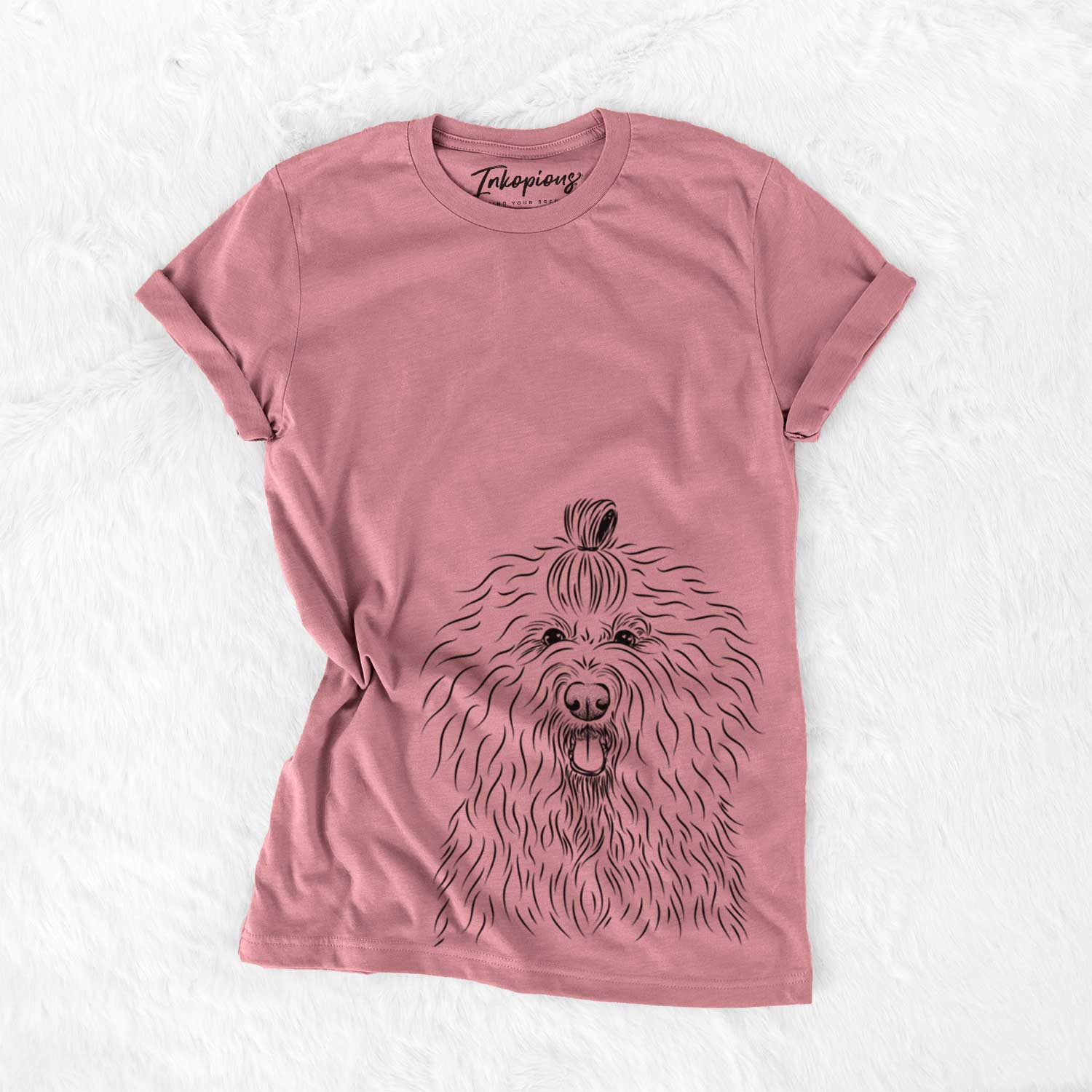Hand-drawn sketch of Brody the Old English Sheepdog on a Mauve Unisex crewneck