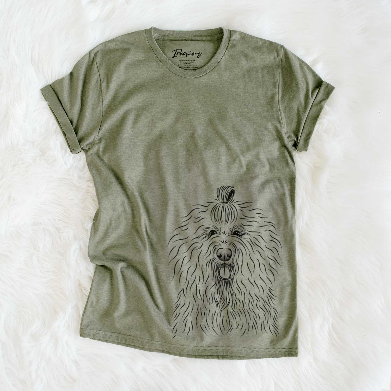 Hand-drawn sketch of Brody the Old English Sheepdog on an Olive Unisex crewneck