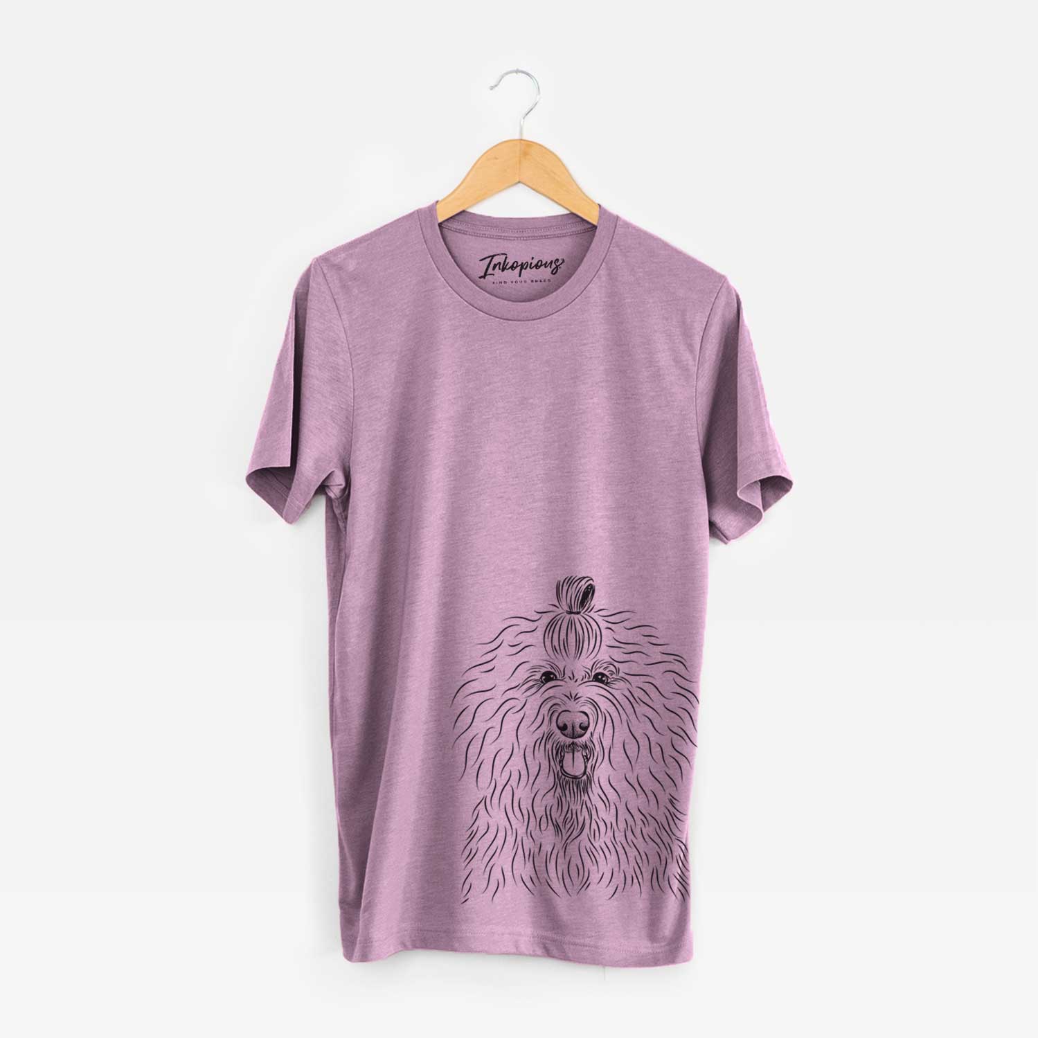 Hand-drawn sketch of Brody the Old English Sheepdog on an Orchid Unisex crewneck