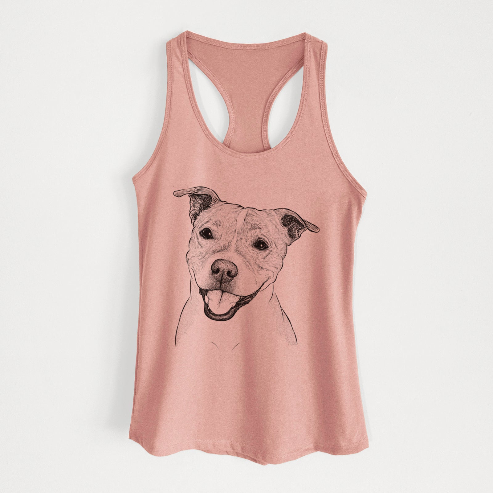 Hand-drawn sketch of BrookLyn the Staffordshire Bull Terrier on a Desert Pink Women's racerback tanktop