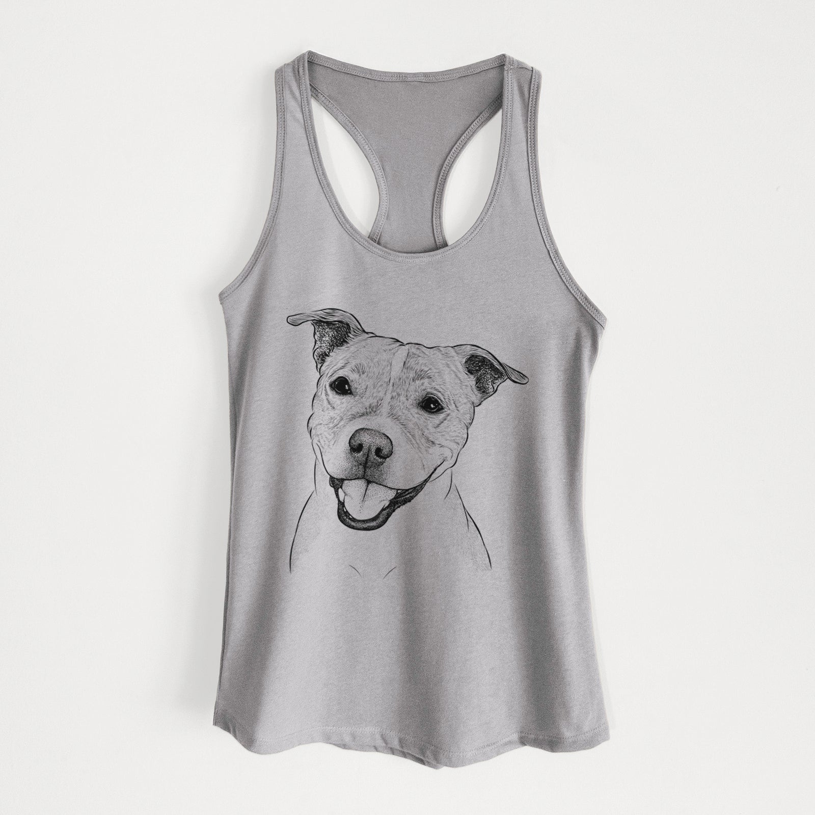 Hand-drawn sketch of BrookLyn the Staffordshire Bull Terrier on a Heather Grey Women's racerback tanktop