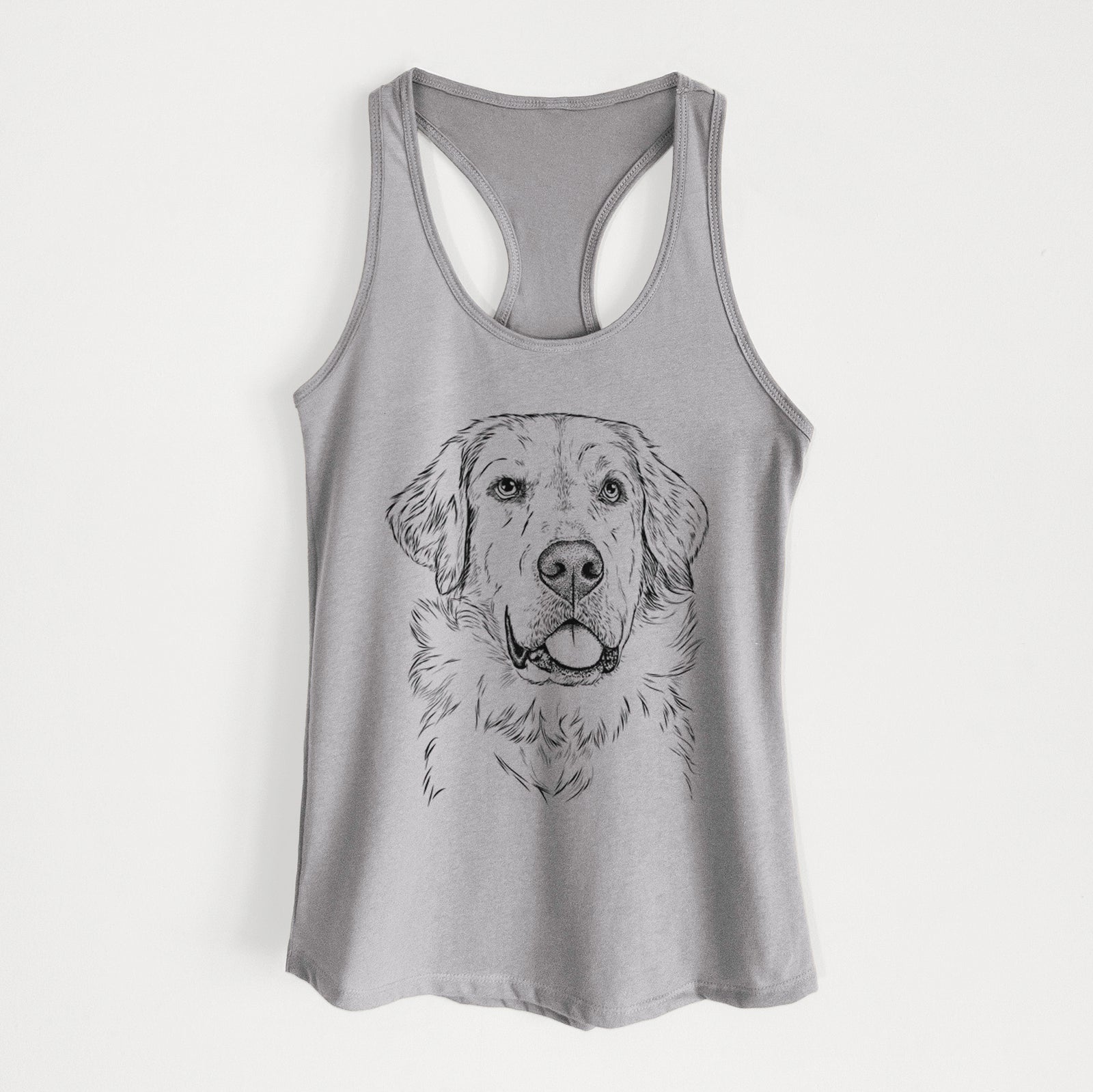 Hand-drawn sketch of Brophy the Great Pyrenees on a Heather Grey Women's racerback tanktop