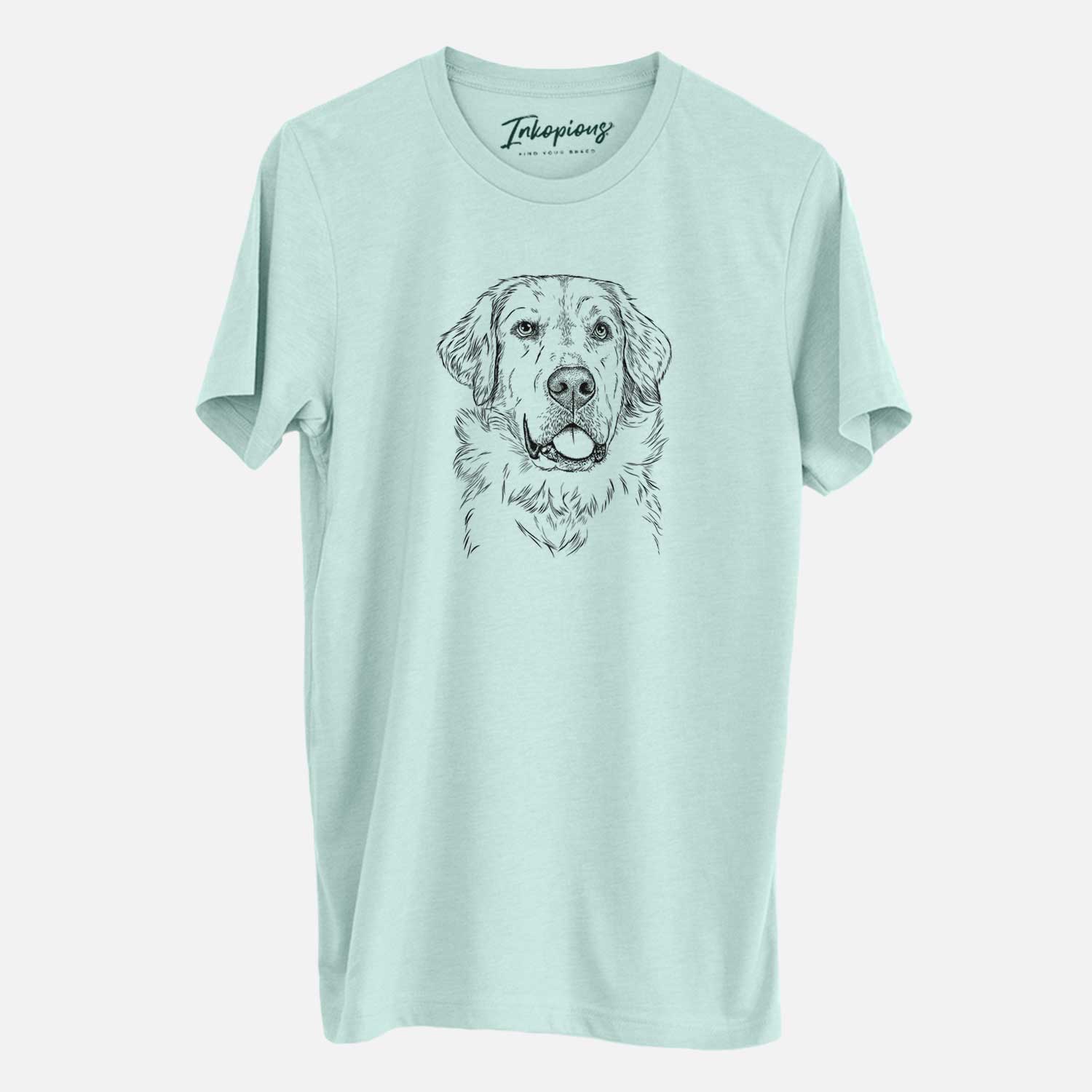 Hand-drawn sketch of Brophy the Great Pyrenees on a Heather Sage Unisex crewneck