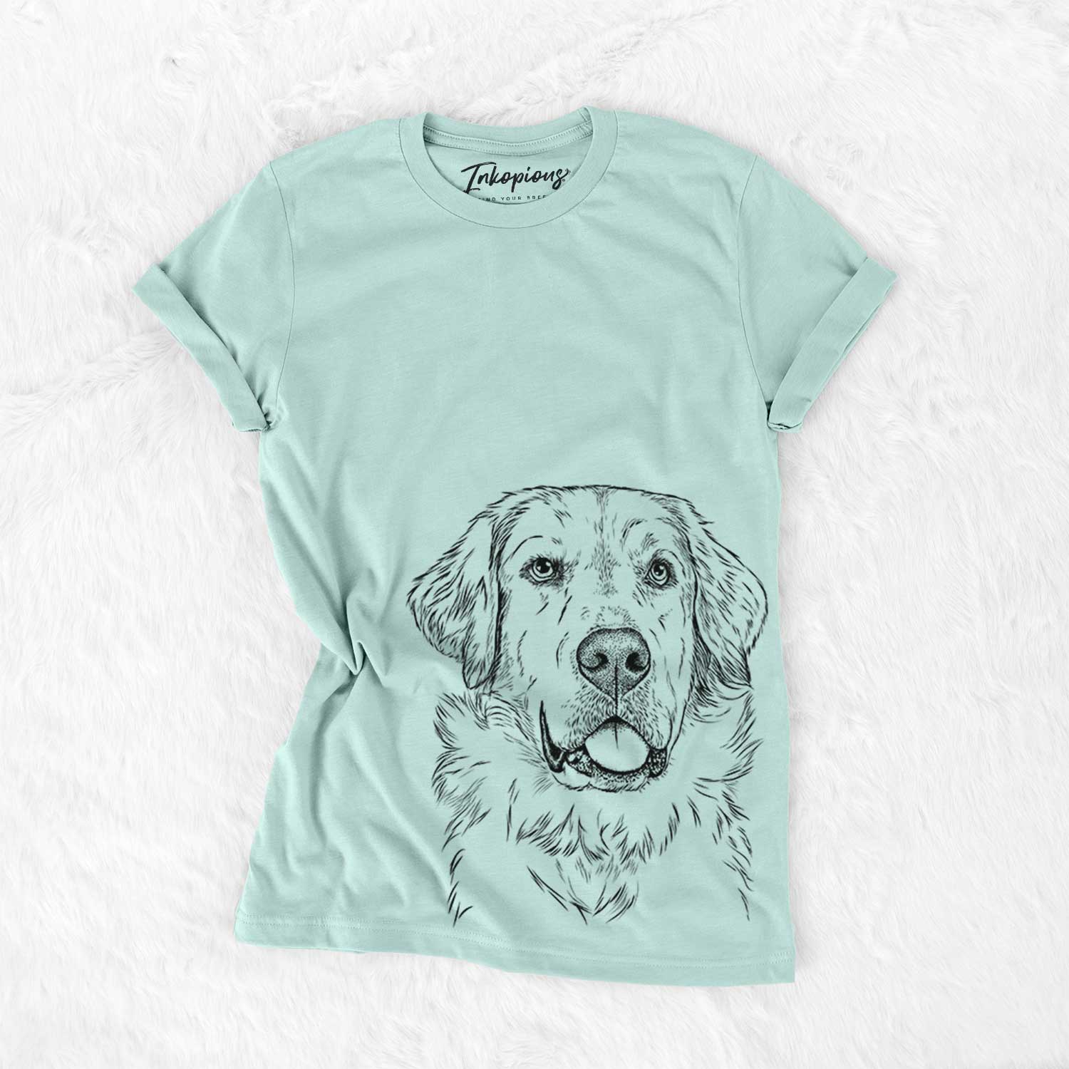 Hand-drawn sketch of Brophy the Great Pyrenees on a Heather Sage Bella Canvas Unisex Crewneck