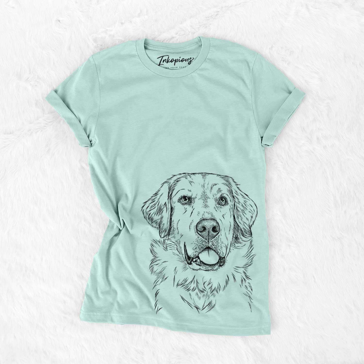 Hand-drawn sketch of Brophy the Great Pyrenees on a Heather Sage Unisex crewneck