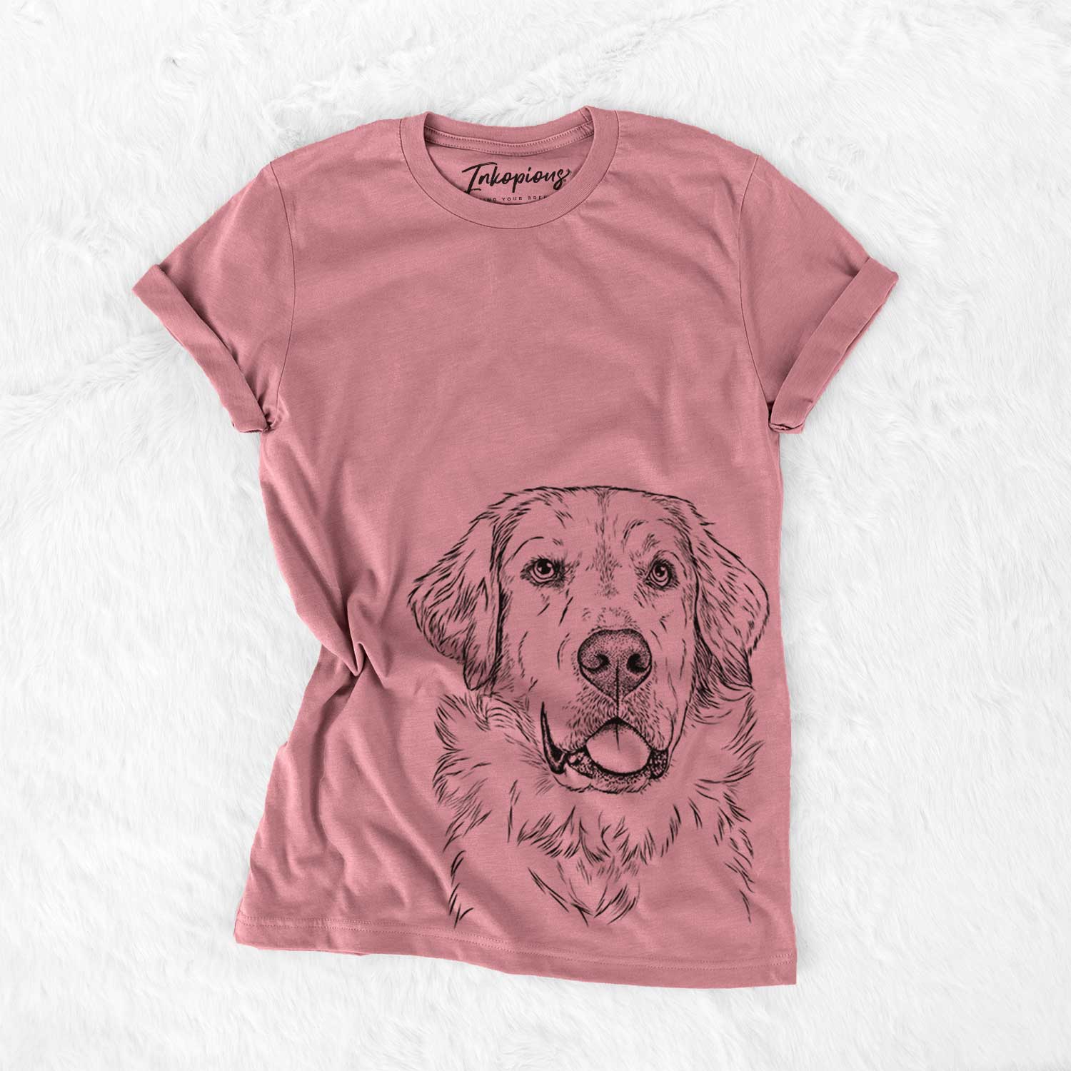 Hand-drawn sketch of Brophy the Great Pyrenees on a Mauve Bella Canvas Unisex Crewneck