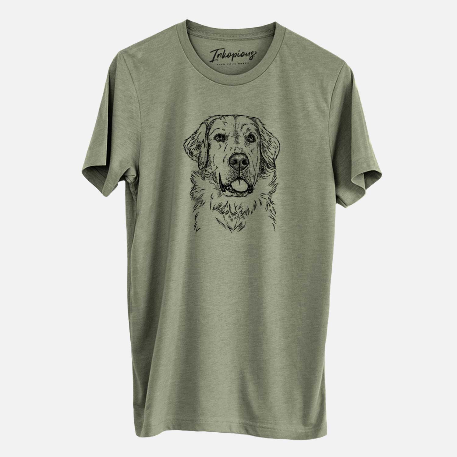 Hand-drawn sketch of Brophy the Great Pyrenees on an Olive Unisex crewneck