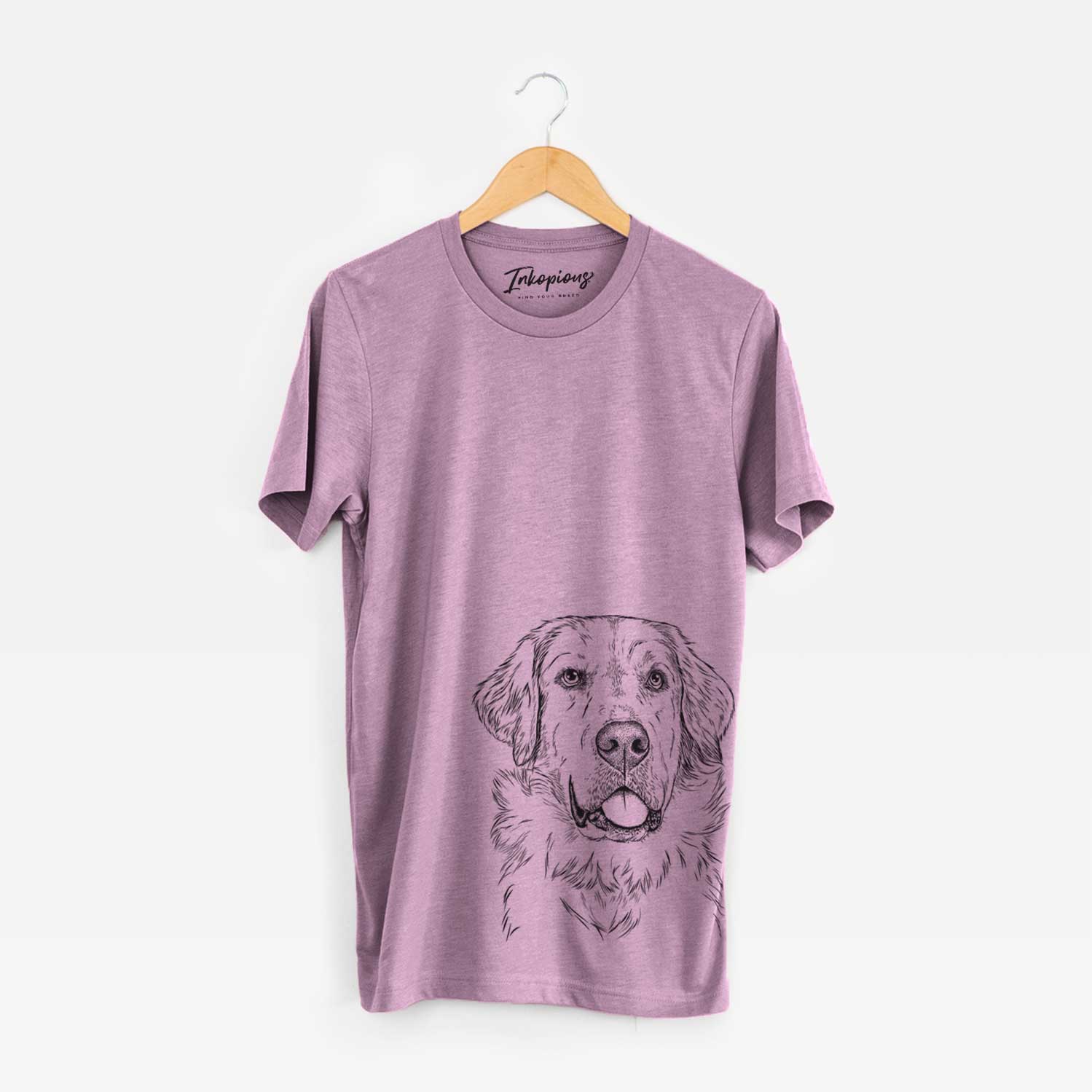 Hand-drawn sketch of Brophy the Great Pyrenees on an Orchid Unisex crewneck