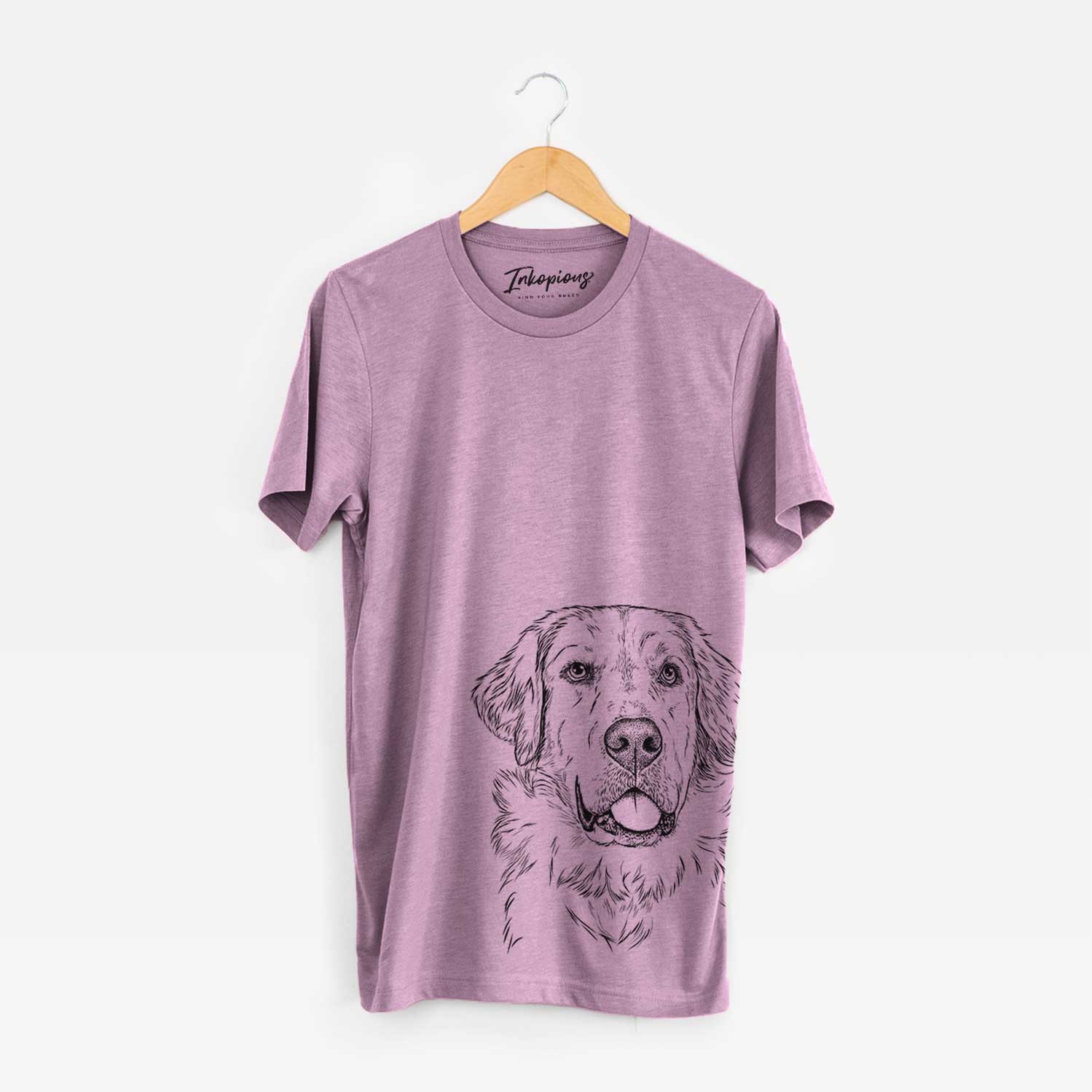 Hand-drawn sketch of Brophy the Great Pyrenees on an Orchid Bella Canvas Unisex Crewneck