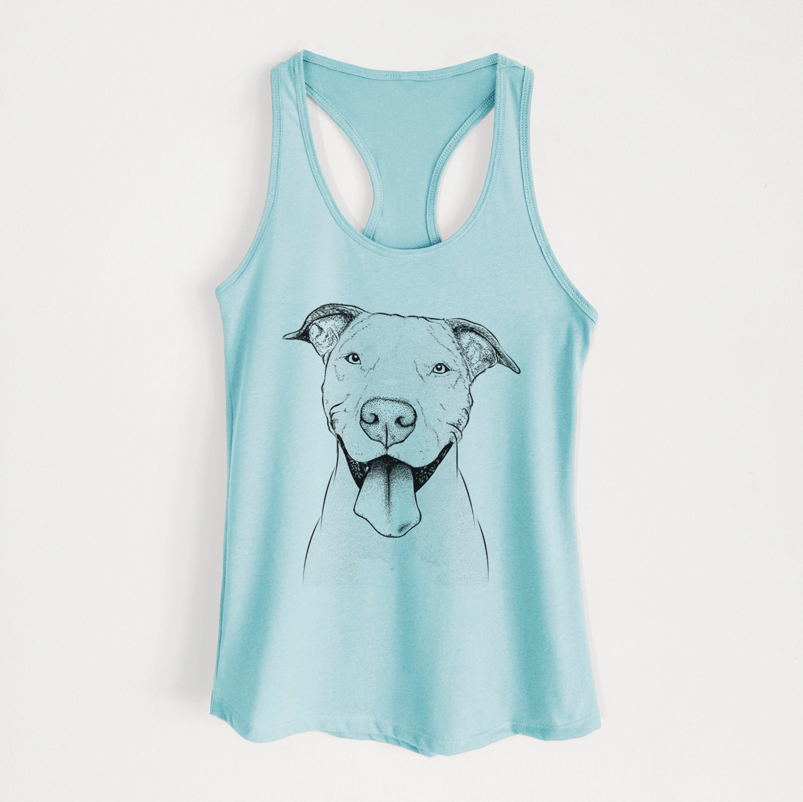Hand-drawn sketch of Bruce the American Staffordshire Terrier on a Cancun Blue Women's racerback tanktop