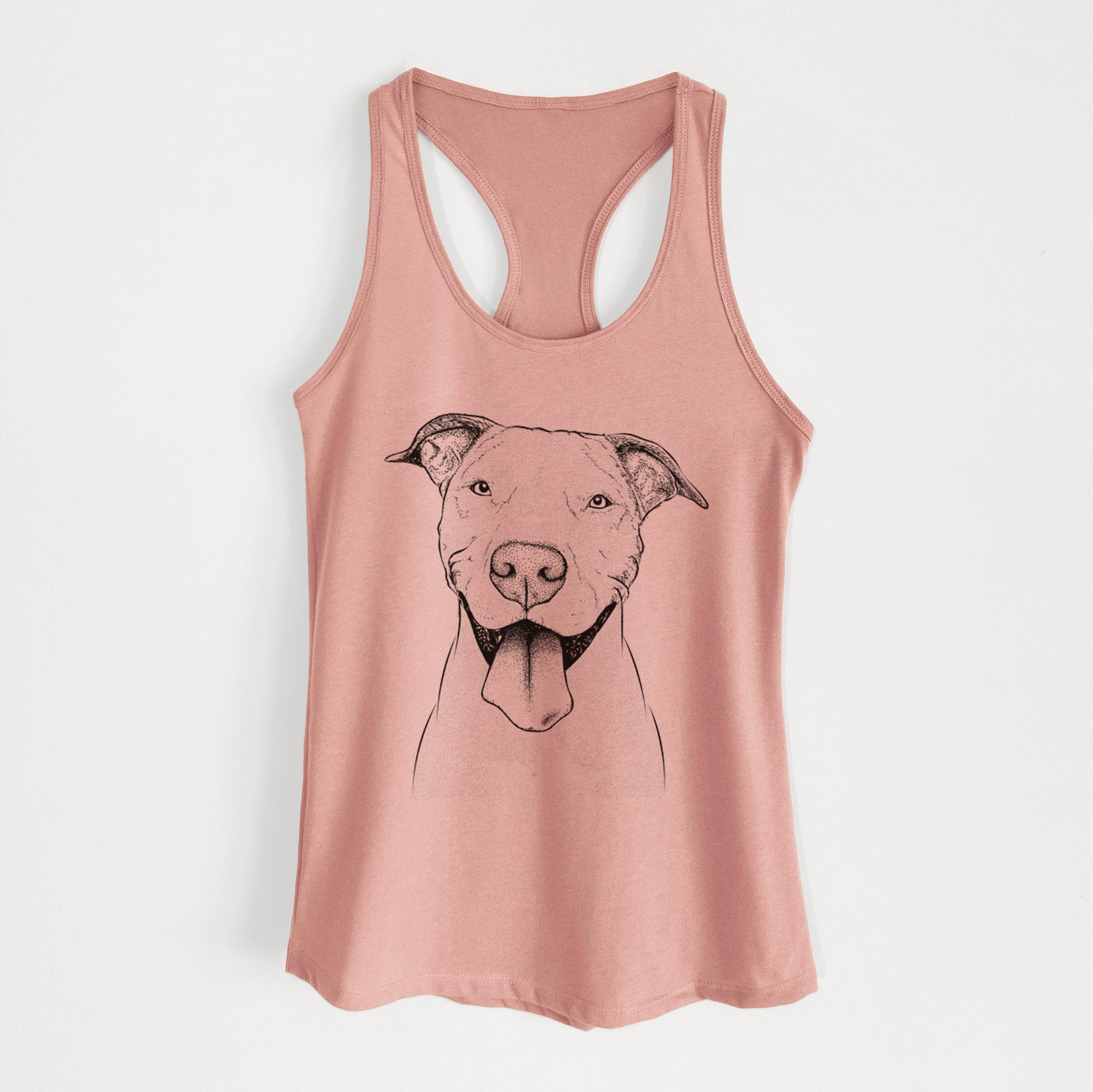 Hand-drawn sketch of Bruce the American Staffordshire Terrier on a Desert Pink Women's racerback tanktop
