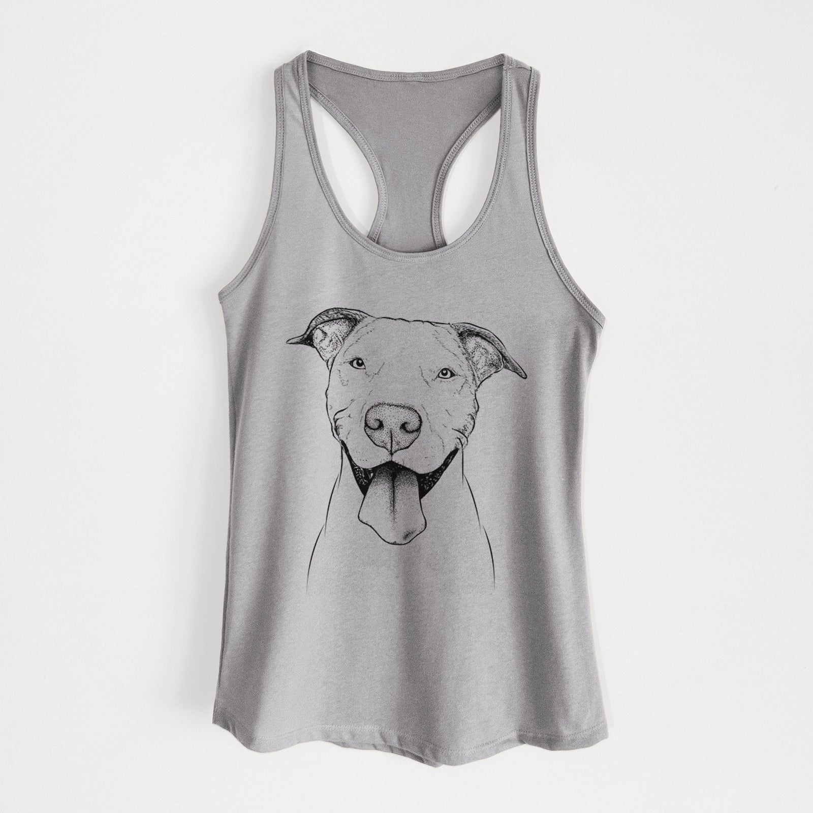 Hand-drawn sketch of Bruce the American Staffordshire Terrier on a Heather Grey Women's racerback tanktop