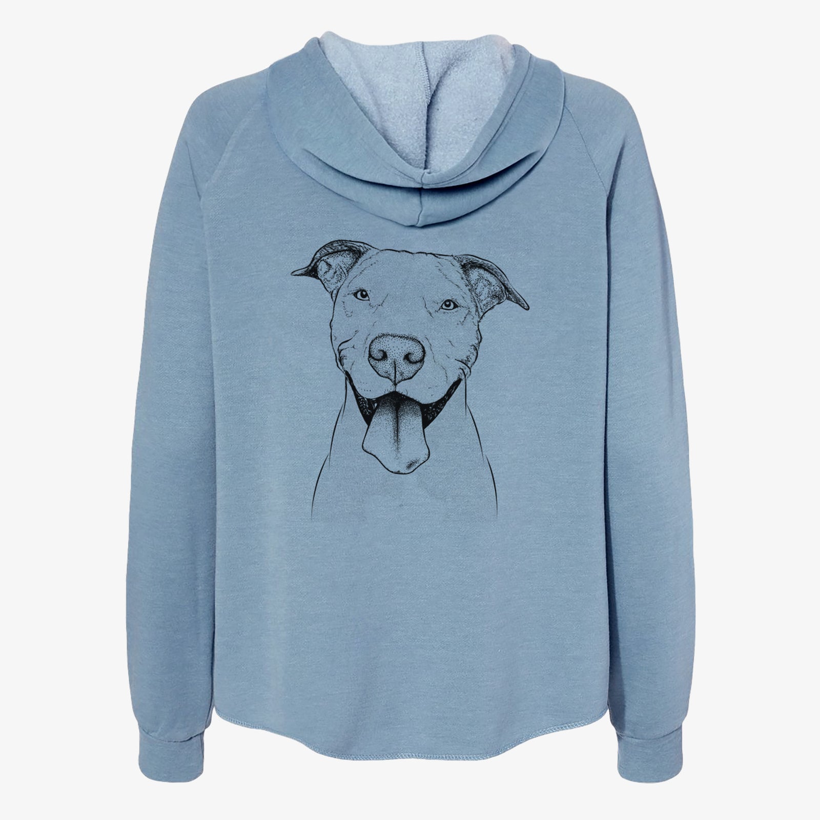 Hand-drawn sketch of Bruce the American Staffordshire Terrier on a Misty Blue Women's cali wave zip-up sweatshirt