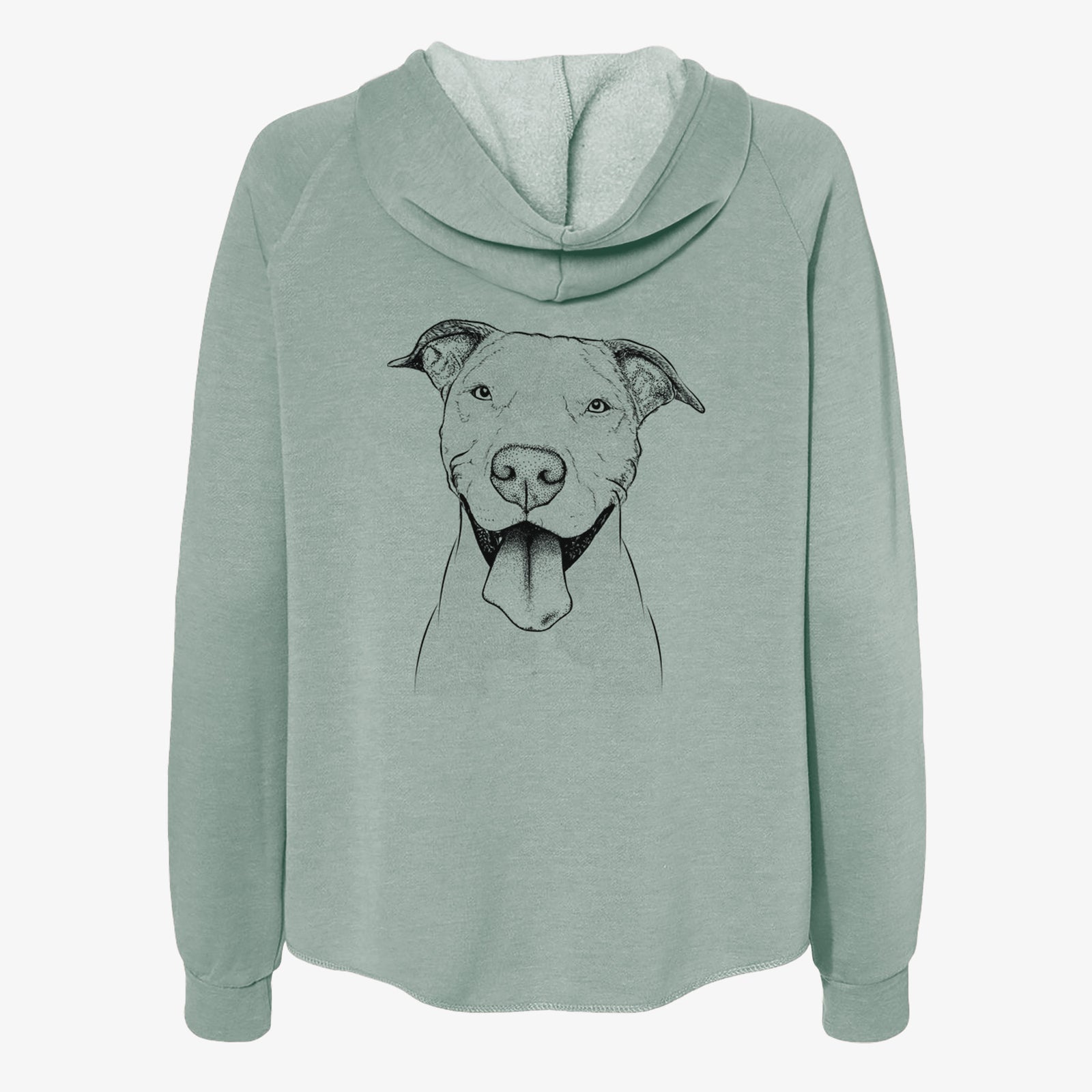 Hand-drawn sketch of Bruce the American Staffordshire Terrier on a Sage Women's cali wave zip-up sweatshirt