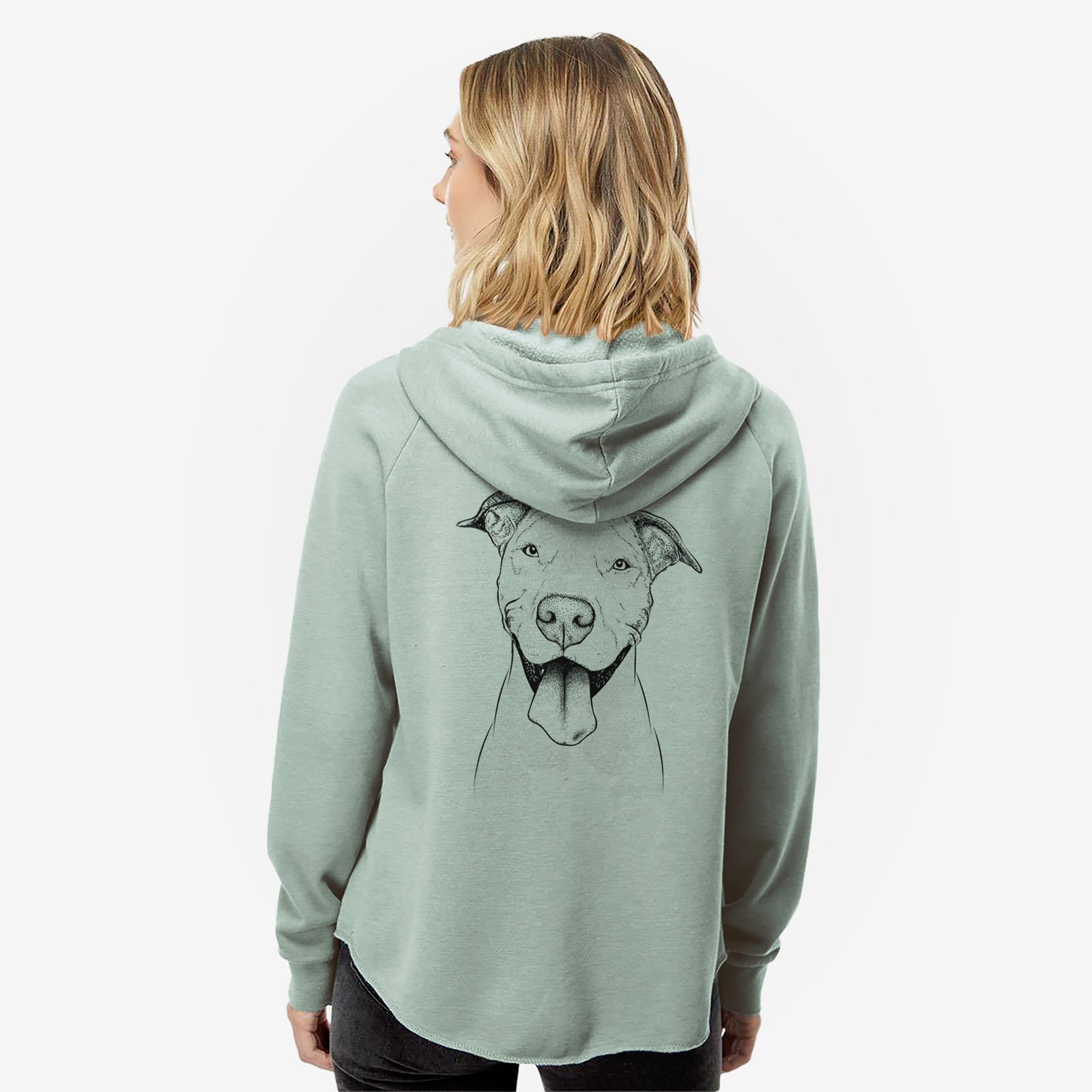 Hand-drawn sketch of Bruce the American Staffordshire Terrier on a Sage Women's cali wave zip-up sweatshirt
