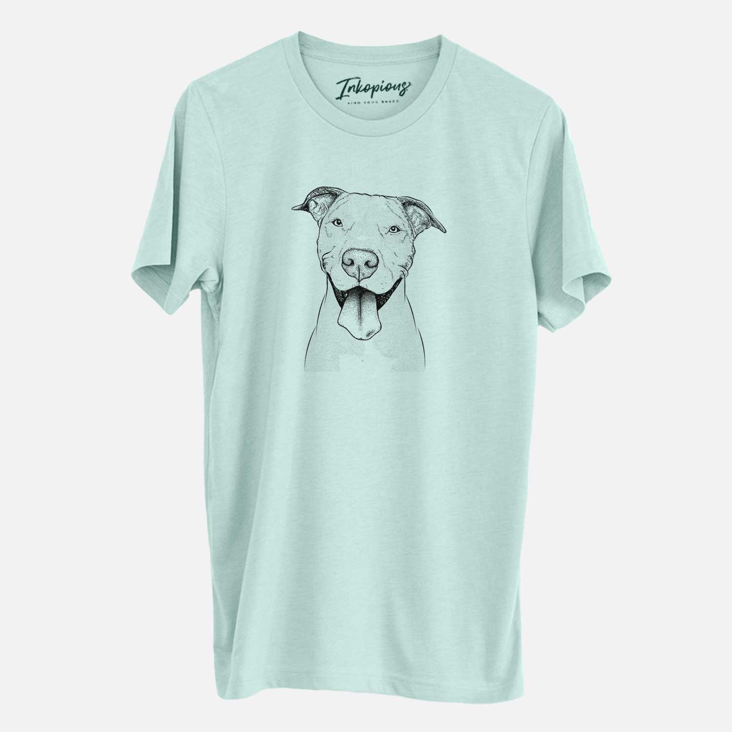 Hand-drawn sketch of Bruce the American Staffordshire Terrier on a Heather Sage Unisex crewneck