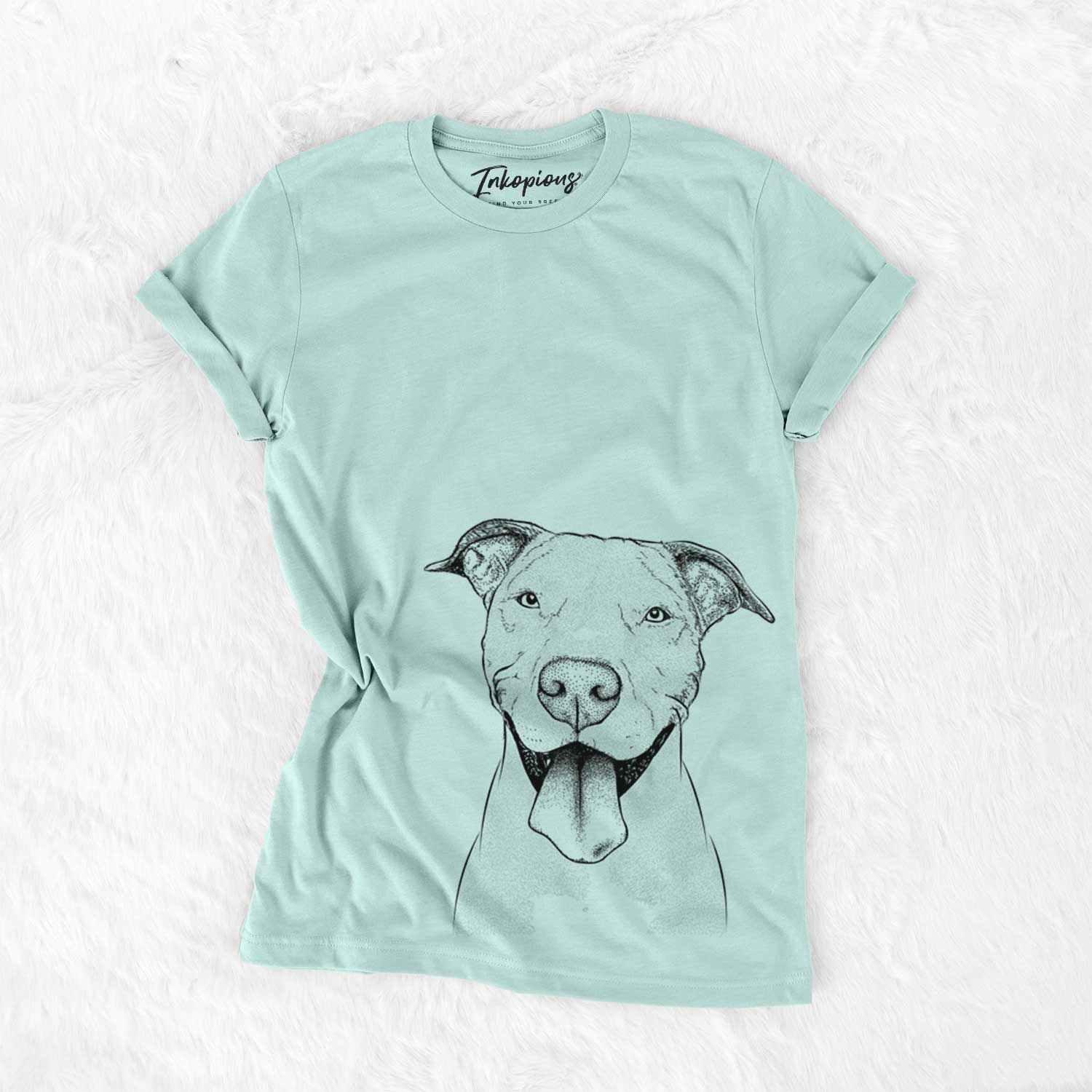 Hand-drawn sketch of Bruce the American Staffordshire Terrier on a Heather Sage Unisex crewneck
