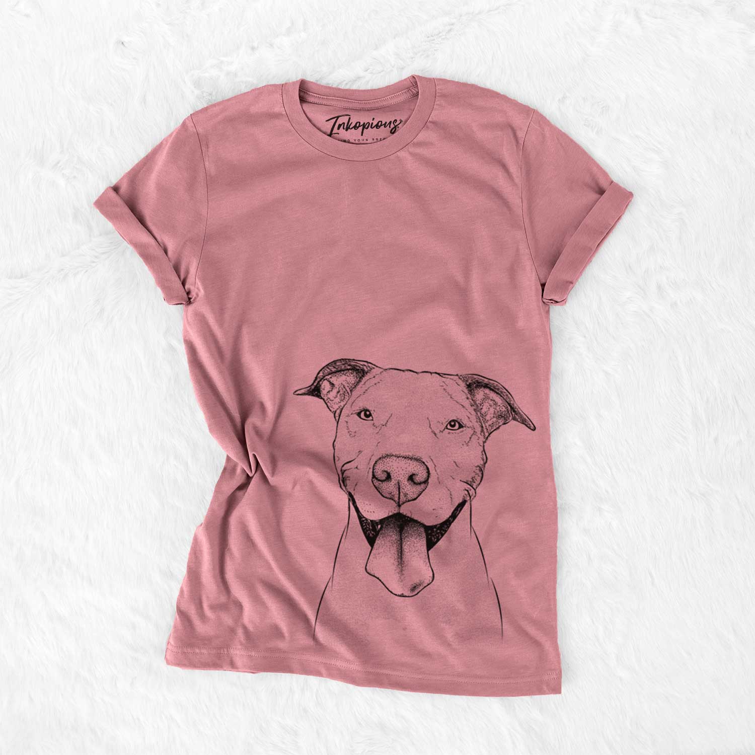 Hand-drawn sketch of Bruce the American Staffordshire Terrier on a Mauve Unisex crewneck