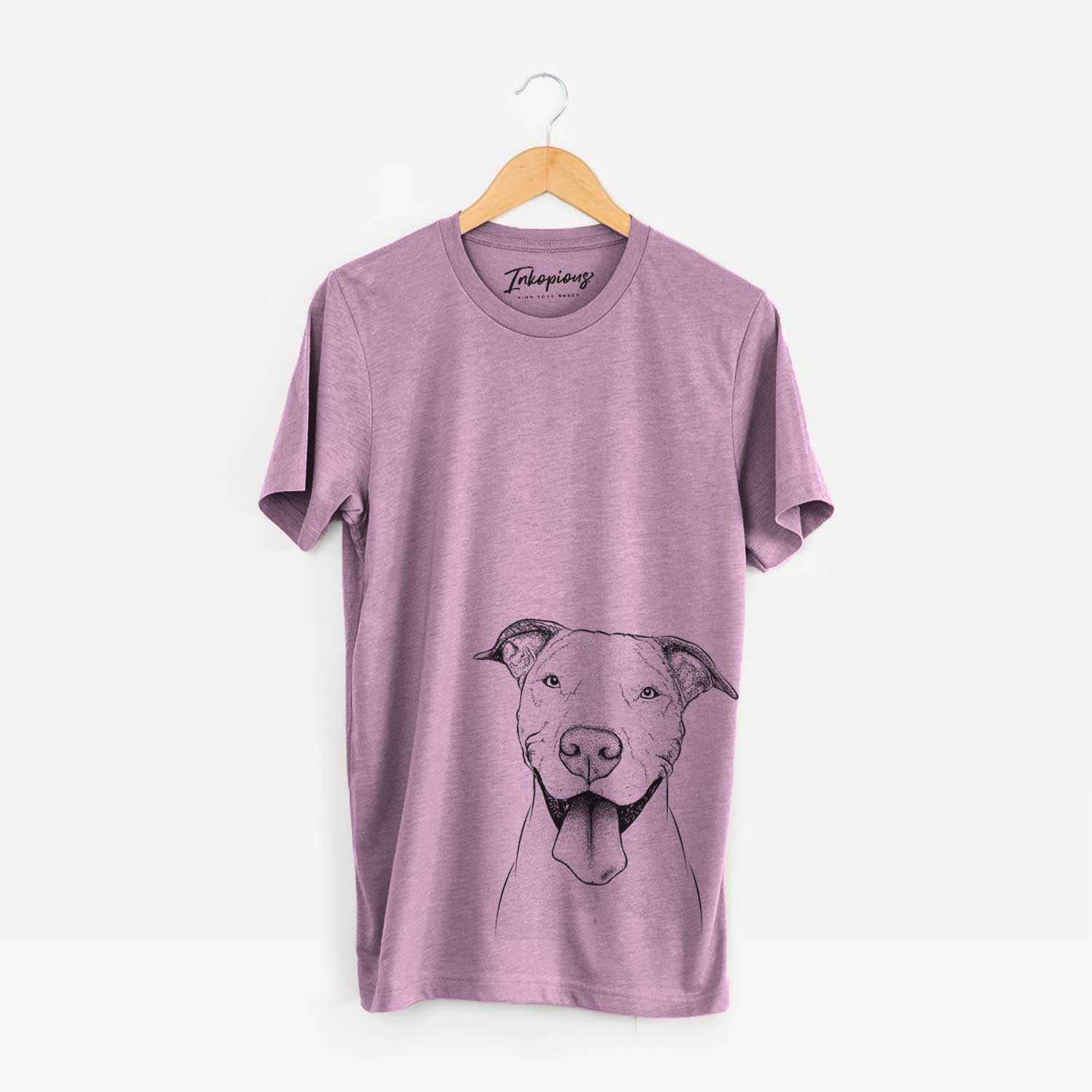 Hand-drawn sketch of Bruce the American Staffordshire Terrier on an Orchid Unisex crewneck