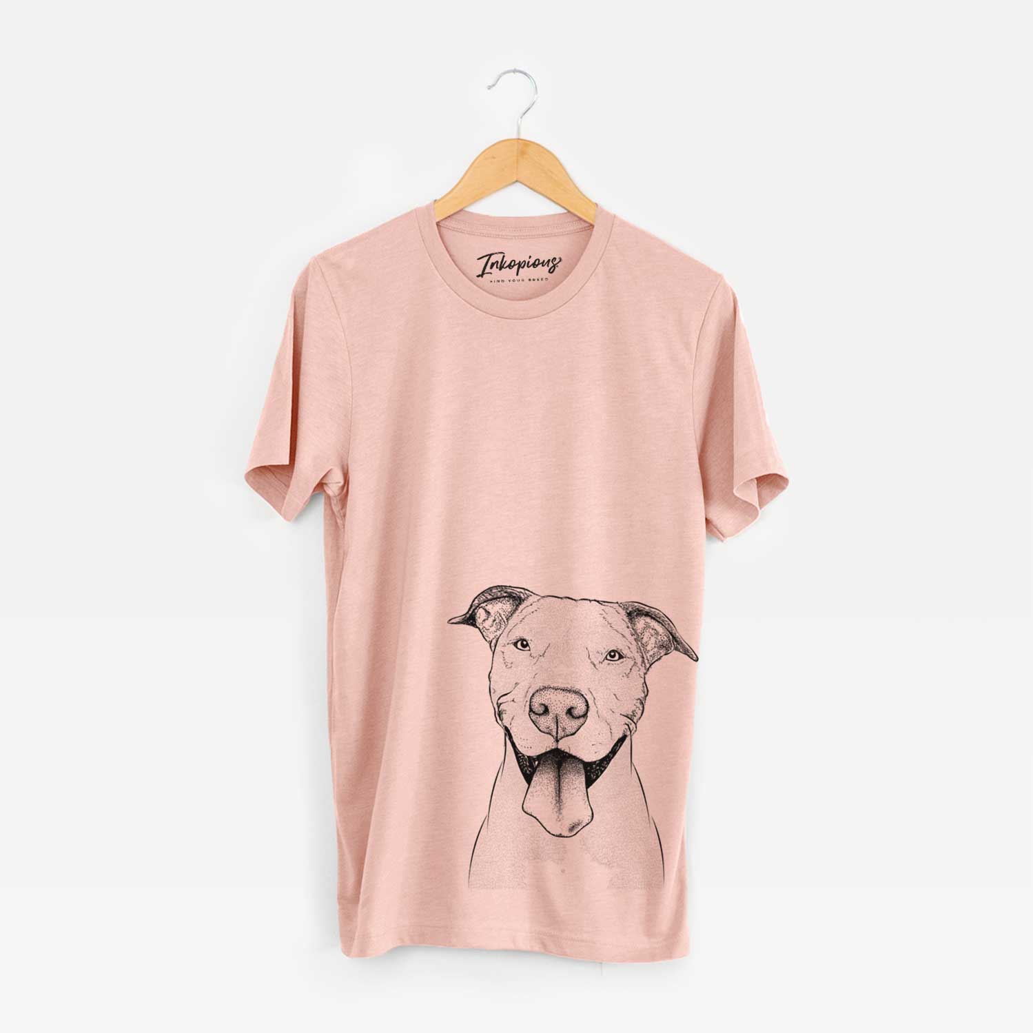Hand-drawn sketch of Bruce the American Staffordshire Terrier on a Peach Unisex crewneck