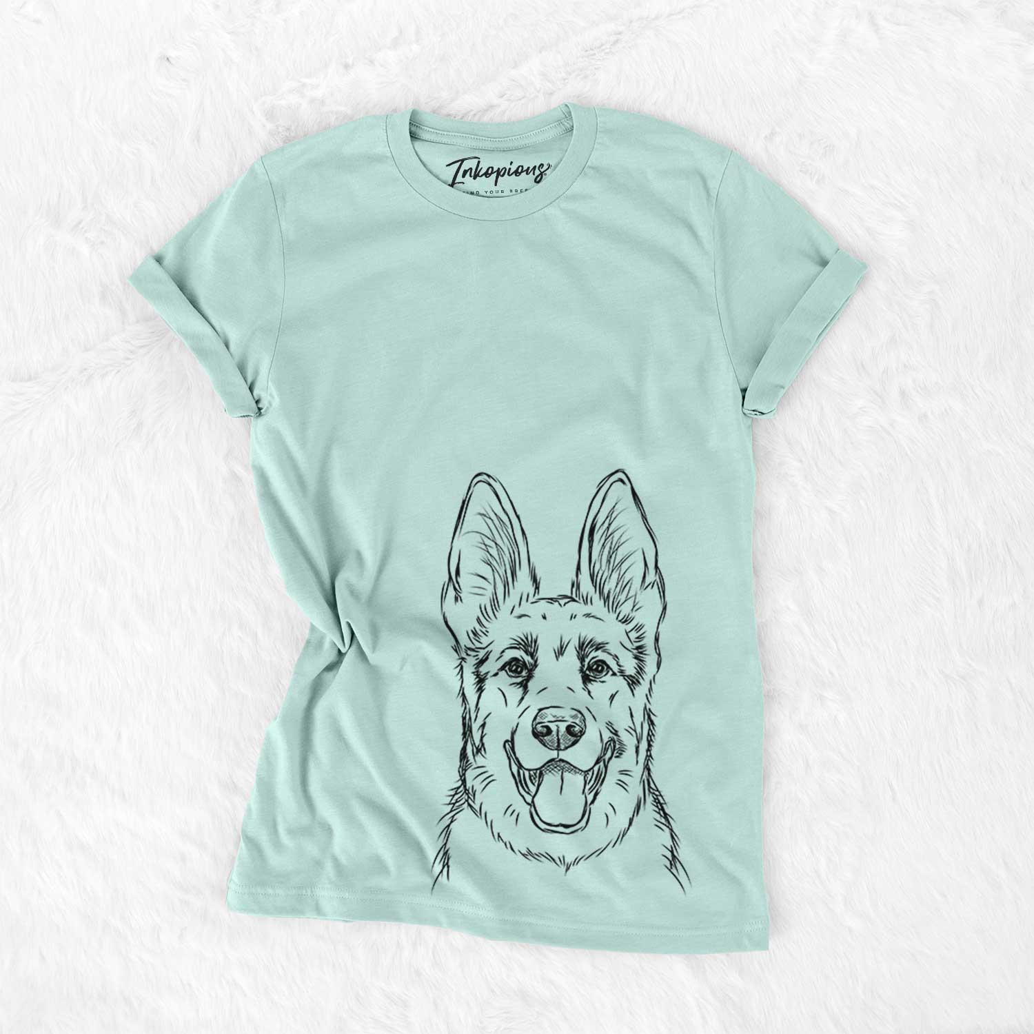 Hand-drawn sketch of Brutus the German Shepherd on a Heather Sage Bella Canvas Unisex Crewneck