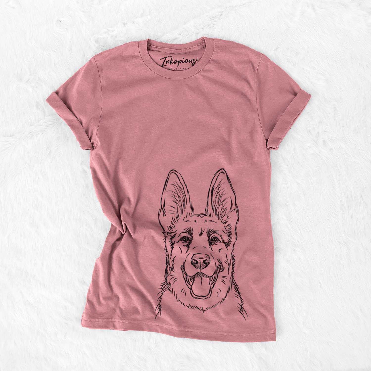 Hand-drawn sketch of Brutus the German Shepherd on a Mauve Bella Canvas Unisex Crewneck