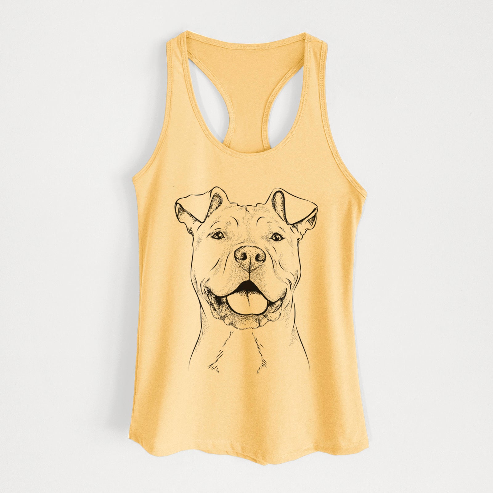 Hand-drawn sketch of Bubba Scraps the American Staffordshire Mix on a Banana Cream Women's racerback tanktop