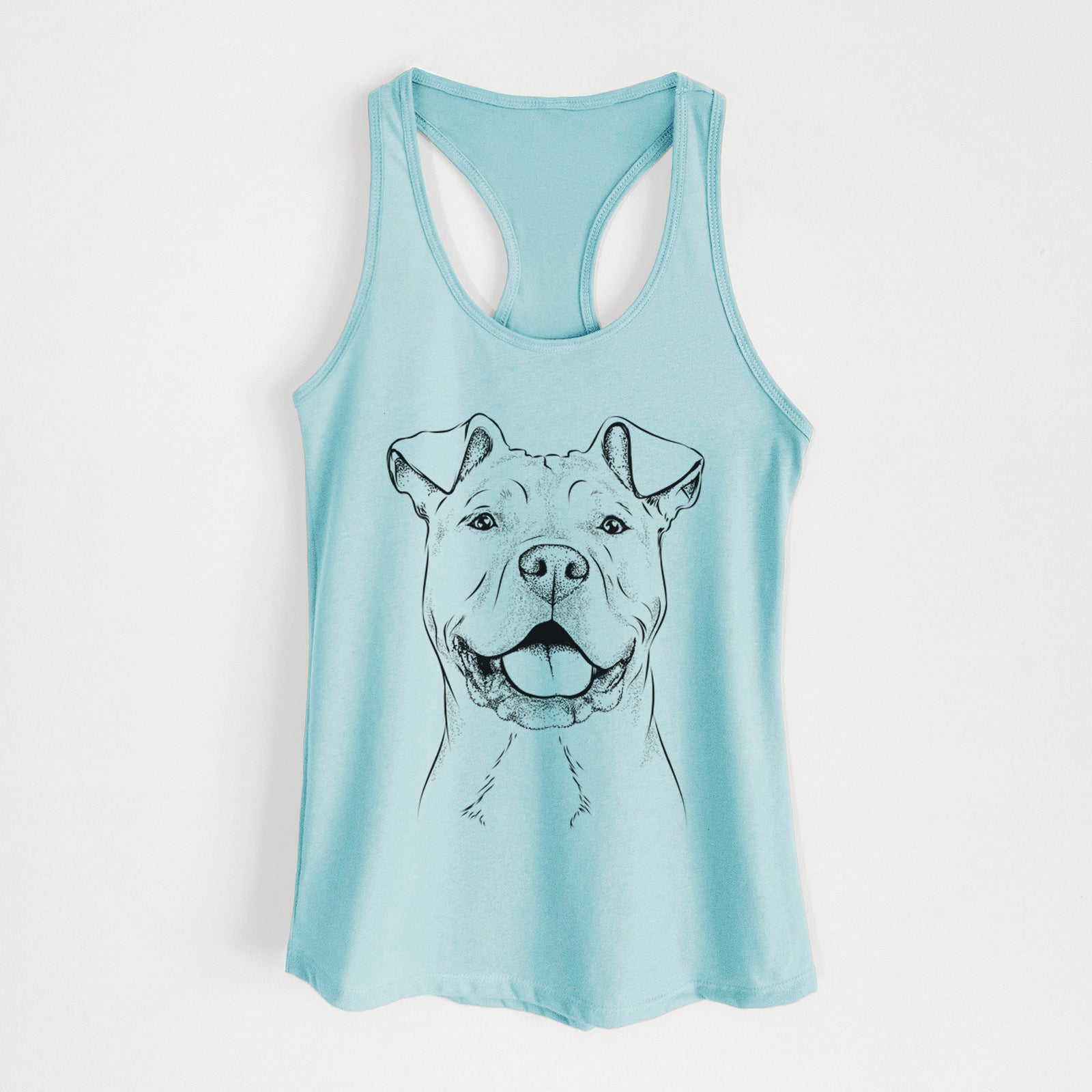 Hand-drawn sketch of Bubba Scraps the American Staffordshire Mix on a Cancun Blue Women's racerback tanktop