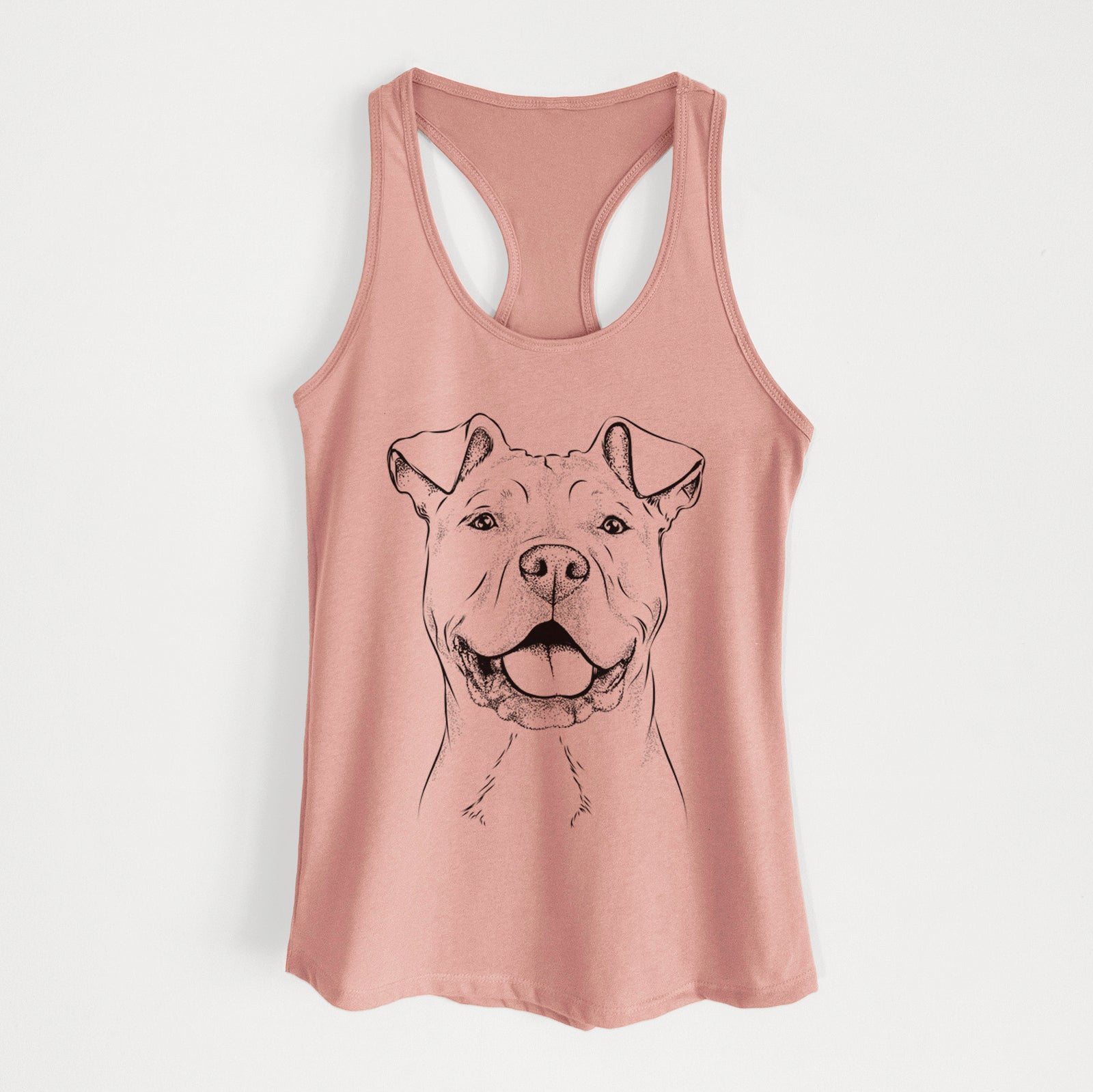 Hand-drawn sketch of Bubba Scraps the American Staffordshire Mix on a Desert Pink Women's racerback tanktop
