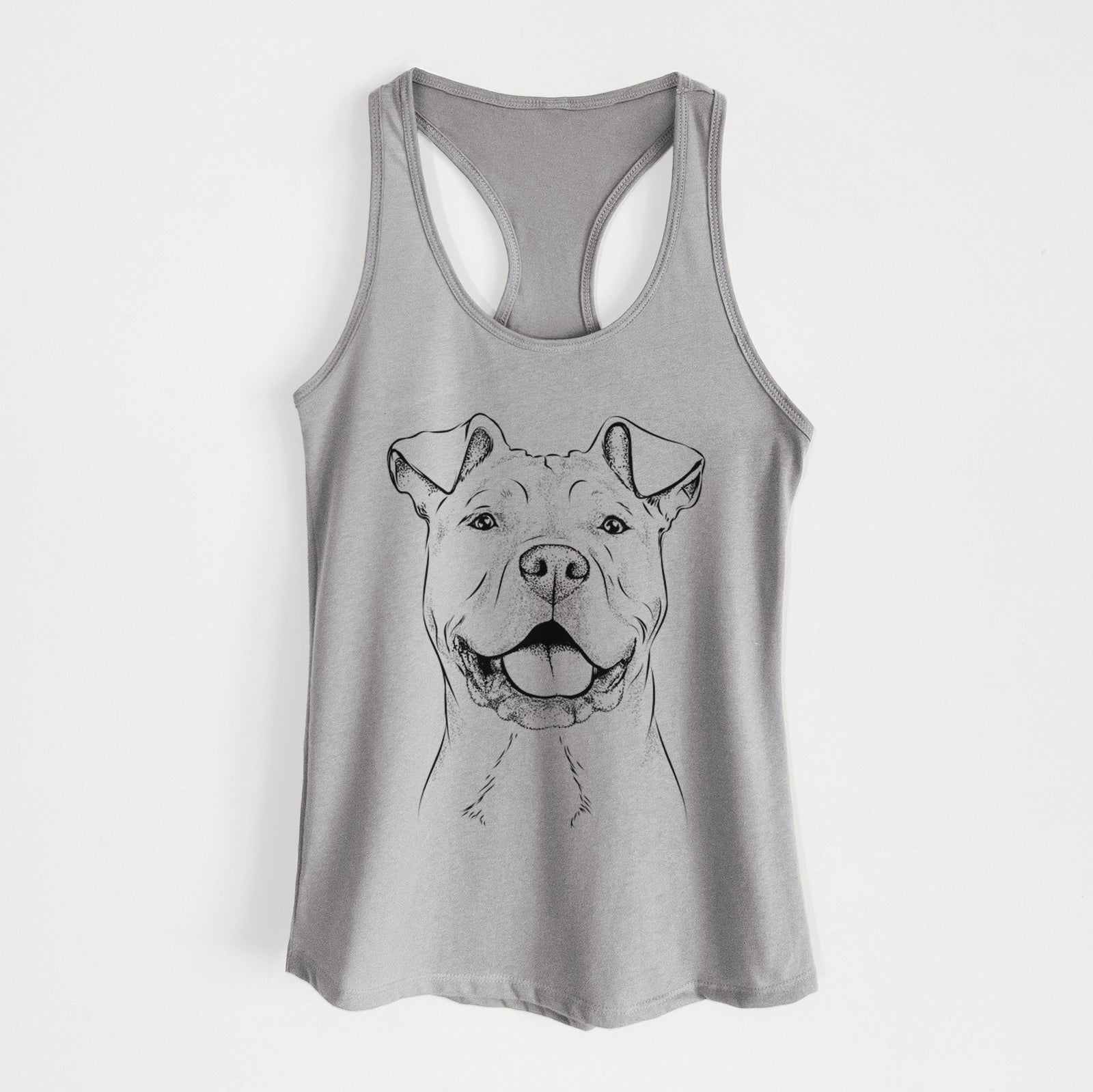 Hand-drawn sketch of Bubba Scraps the American Staffordshire Mix on a Heather Grey Women's racerback tanktop